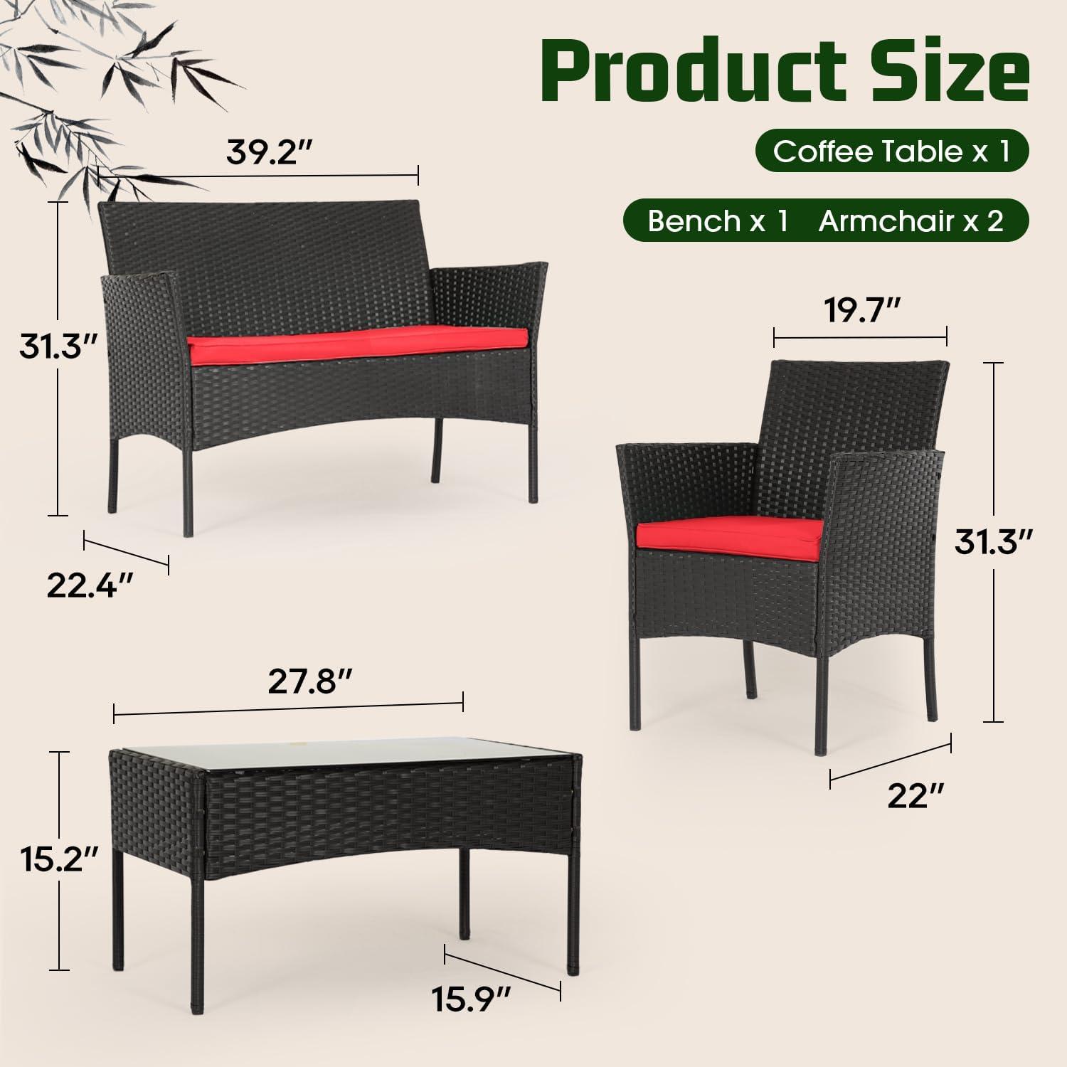 image:imageFDW 4Piece Patio Furniture Set Black Outdoor Wicker Furniture with Coffee Table Modern Rattan Chairs Conversation Set Outdoor Seating WeatherResistant for Porch Garden LawnRed