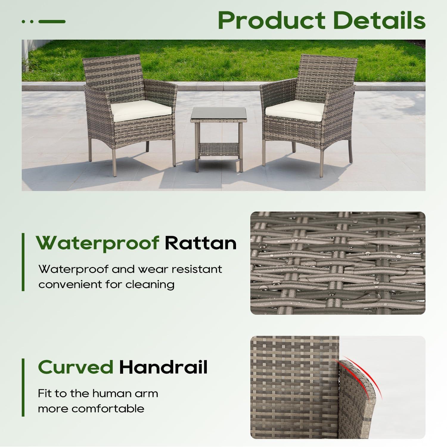 image:imageFDW 4Piece Patio Furniture Set Black Outdoor Wicker Furniture with Coffee Table Modern Rattan Chairs Conversation Set Outdoor Seating WeatherResistant for Porch Garden LawnGray and Khaki