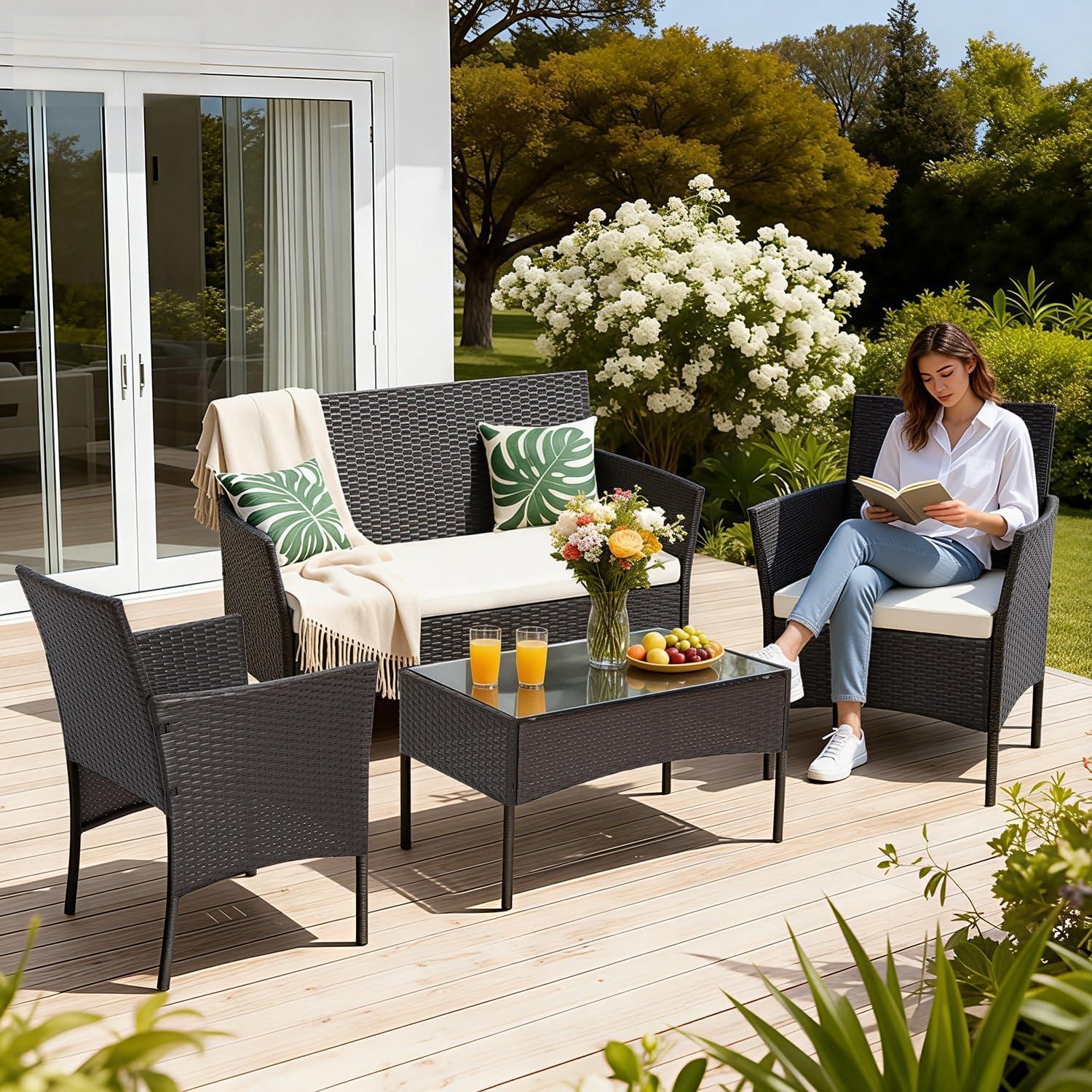 image:imageFDW 4Piece Patio Furniture Set Black Outdoor Wicker Furniture with Coffee Table Modern Rattan Chairs Conversation Set Outdoor Seating WeatherResistant for Porch Garden LawnBrown