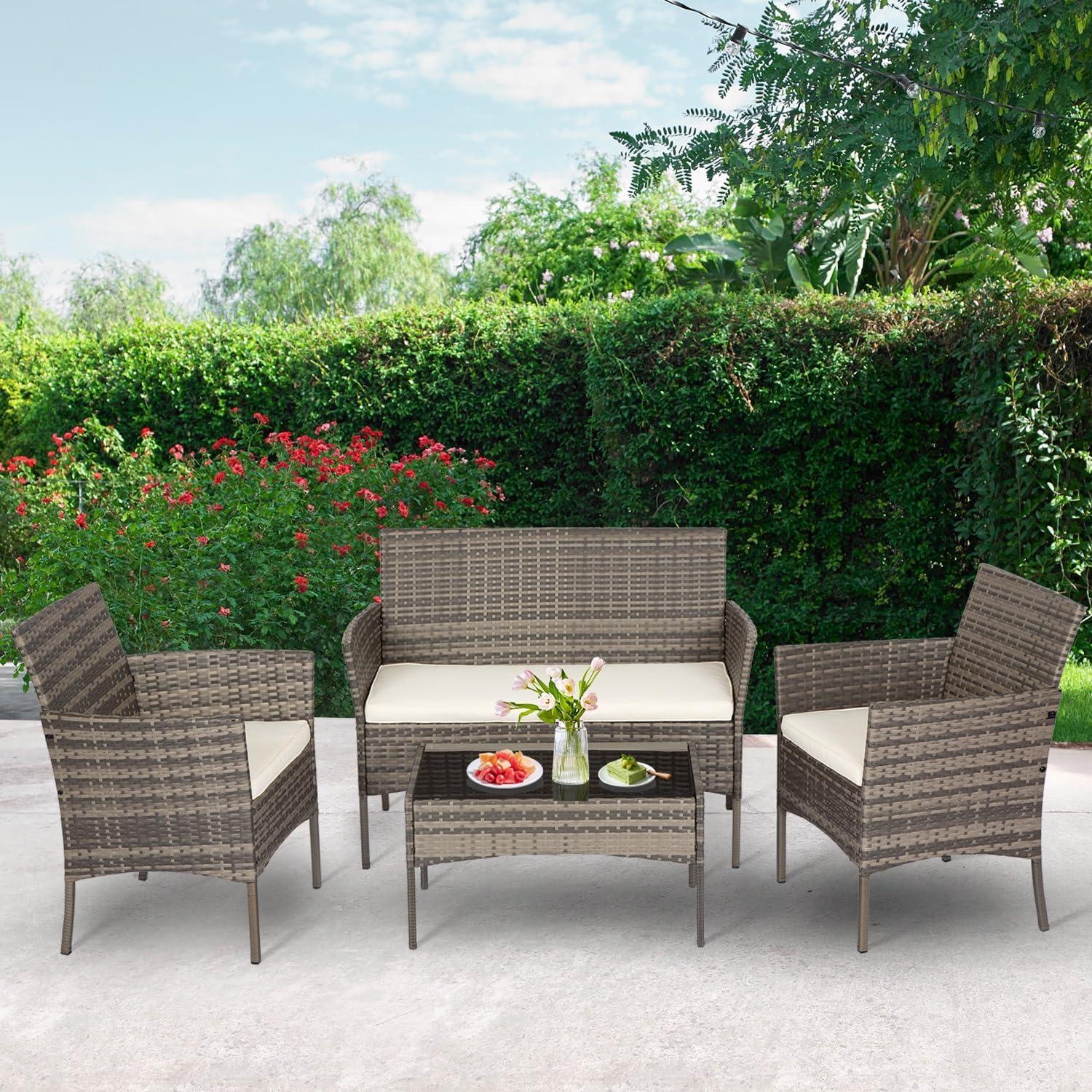image:imageFDW 4Piece Patio Furniture Set Black Outdoor Wicker Furniture with Coffee Table Modern Rattan Chairs Conversation Set Outdoor Seating WeatherResistant for Porch Garden LawnGray and Khaki