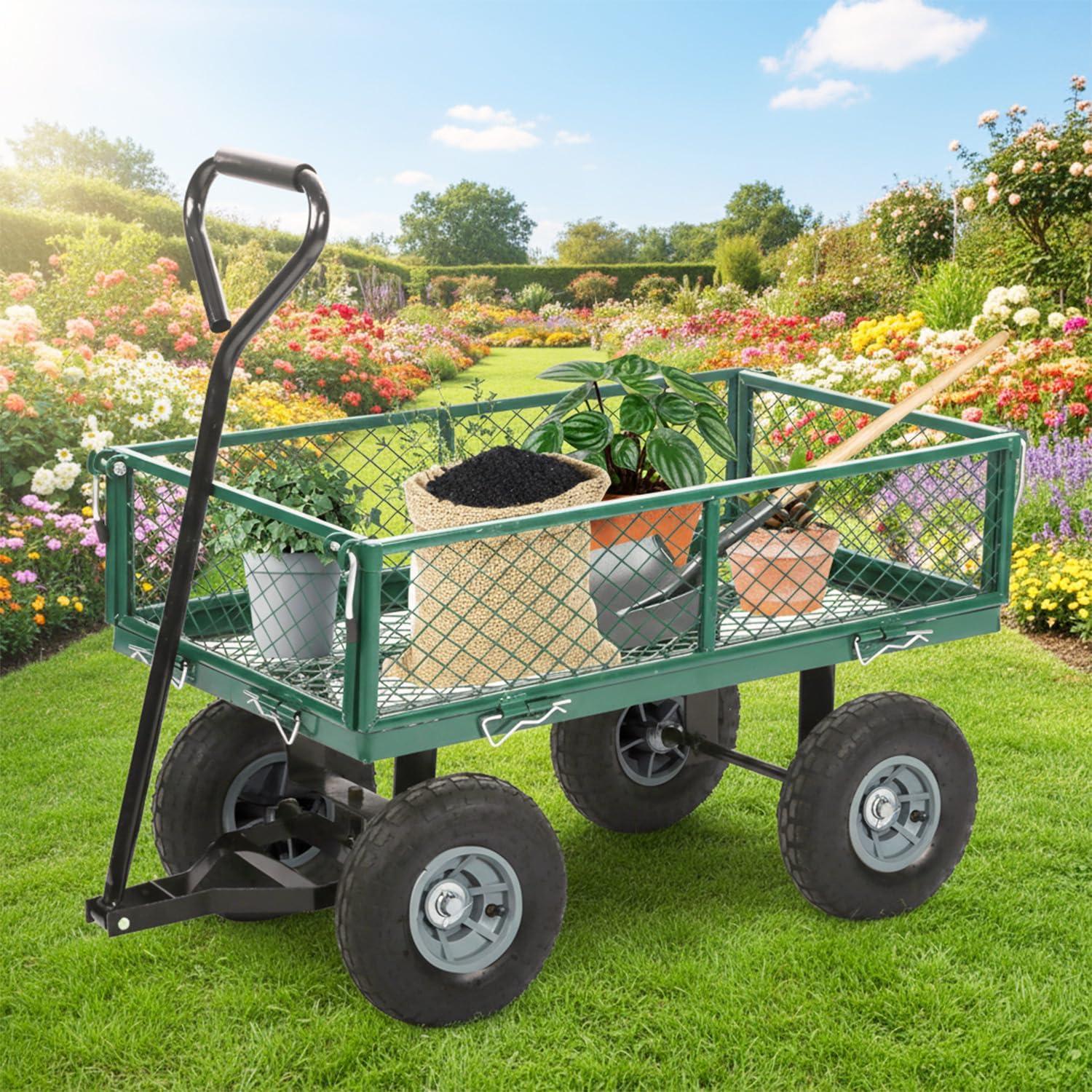 image:imageFDW Garden Cart Streel Heavy Duty 500 LBS CapacityUtility Cart Wagon with Removable Sides and 180Rotating Handle for Yard Lawn and Garden Hauler GreenDark Green