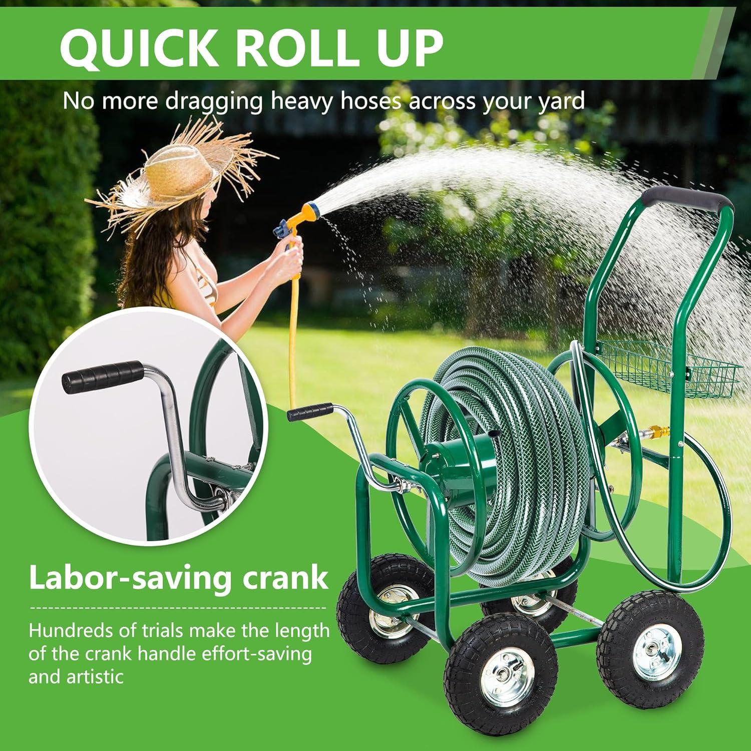 image:imageFDW Garden Hose Reel Cart Water Hose Cart with 4 Wheels Hold Up to 300 ft of 58 HoseHeavy Duty PowderCoated Steel Planting with Storage Basket for Garden Yard and LawnGreen