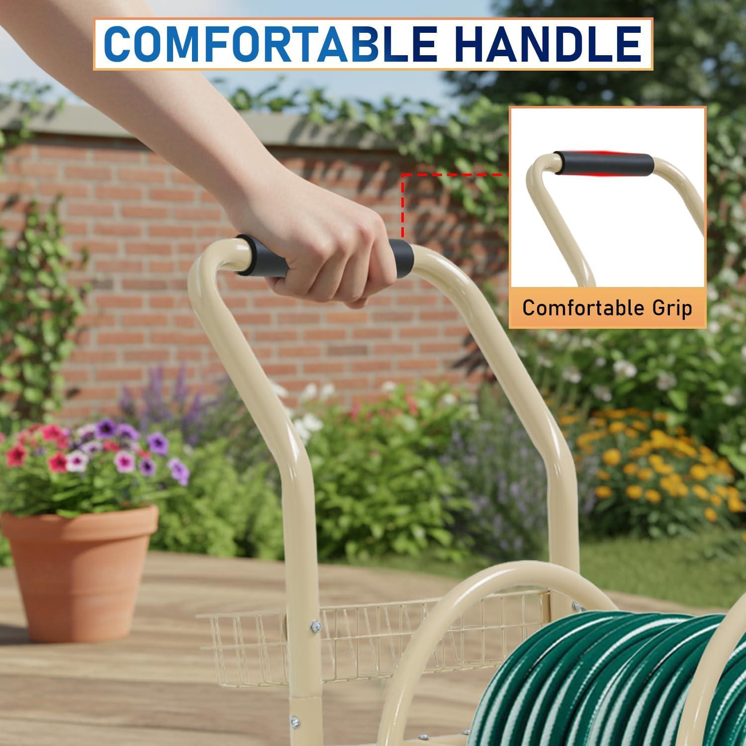 image:imageFDW Garden Hose Reel Cart Water Hose Cart with 4 Wheels Hold Up to 300 ft of 58 HoseHeavy Duty PowderCoated Steel Planting with Storage Basket for Garden Yard and LawnTan1
