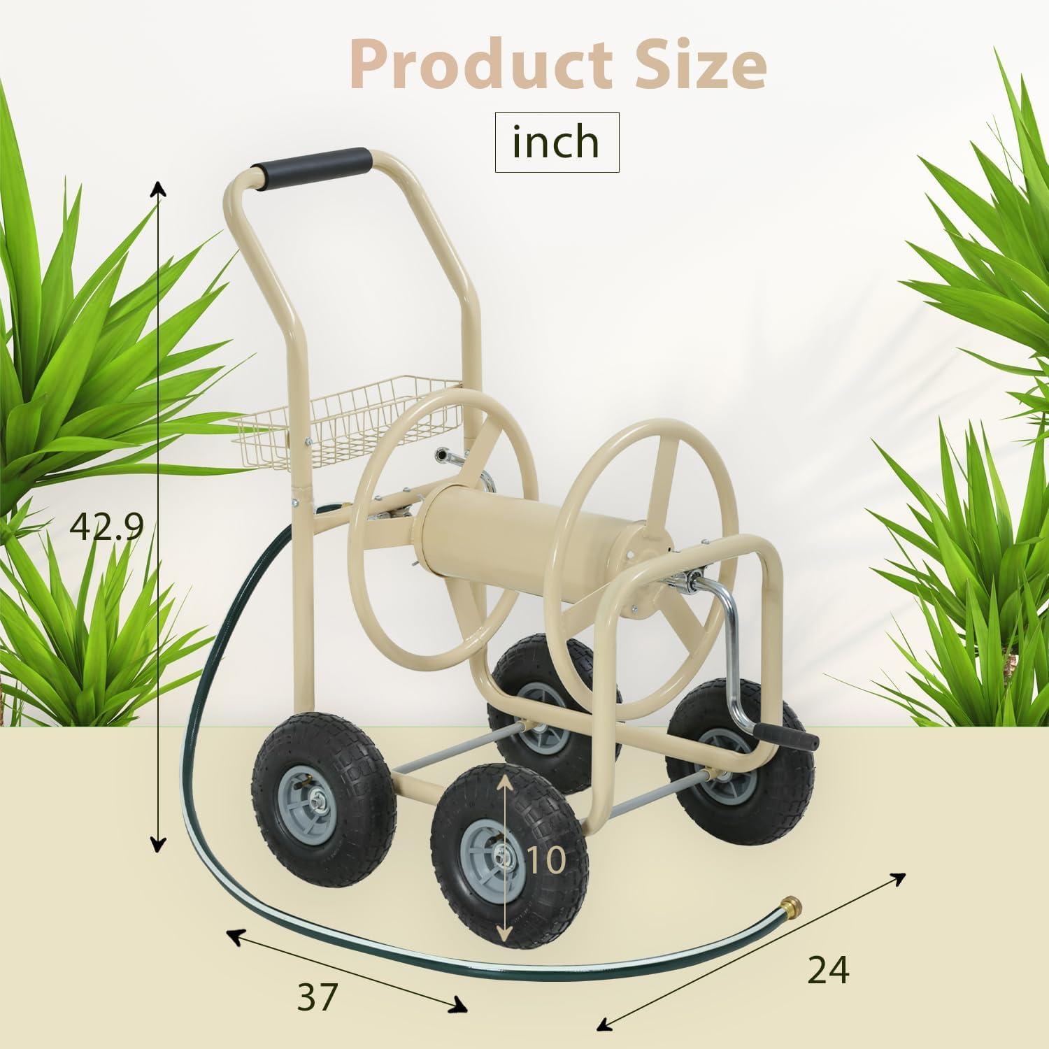 image:imageFDW Garden Hose Reel Cart Water Hose Cart with 4 Wheels Hold Up to 300 ft of 58 HoseHeavy Duty PowderCoated Steel Planting with Storage Basket for Garden Yard and LawnTan