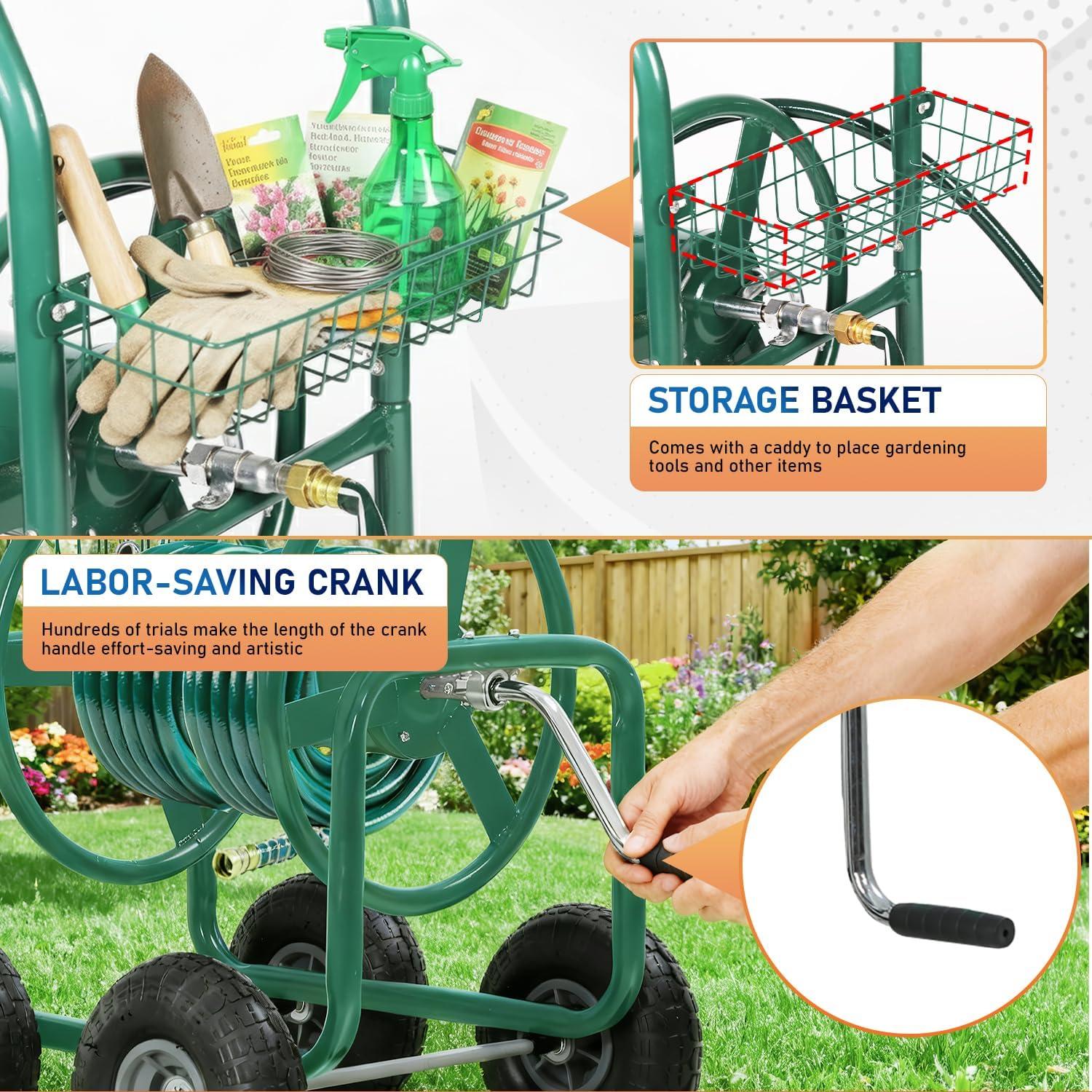 image:imageFDW Garden Hose Reel Cart Water Hose Cart with 4 Wheels Hold Up to 300 ft of 58 HoseHeavy Duty PowderCoated Steel Planting with Storage Basket for Garden Yard and LawnGreen1