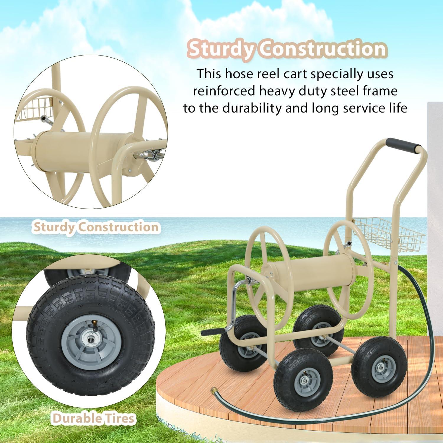 image:imageFDW Garden Hose Reel Cart Water Hose Cart with 4 Wheels Hold Up to 300 ft of 58 HoseHeavy Duty PowderCoated Steel Planting with Storage Basket for Garden Yard and LawnTan