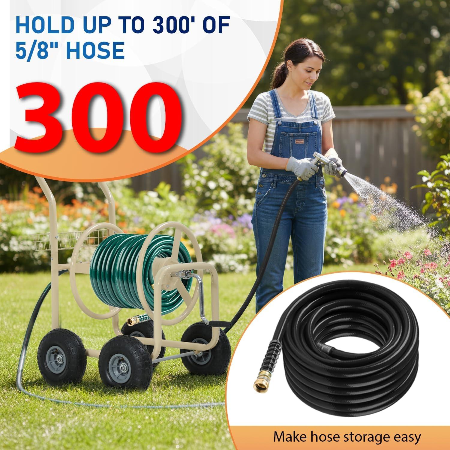 image:imageFDW Garden Hose Reel Cart Water Hose Cart with 4 Wheels Hold Up to 300 ft of 58 HoseHeavy Duty PowderCoated Steel Planting with Storage Basket for Garden Yard and LawnTan1