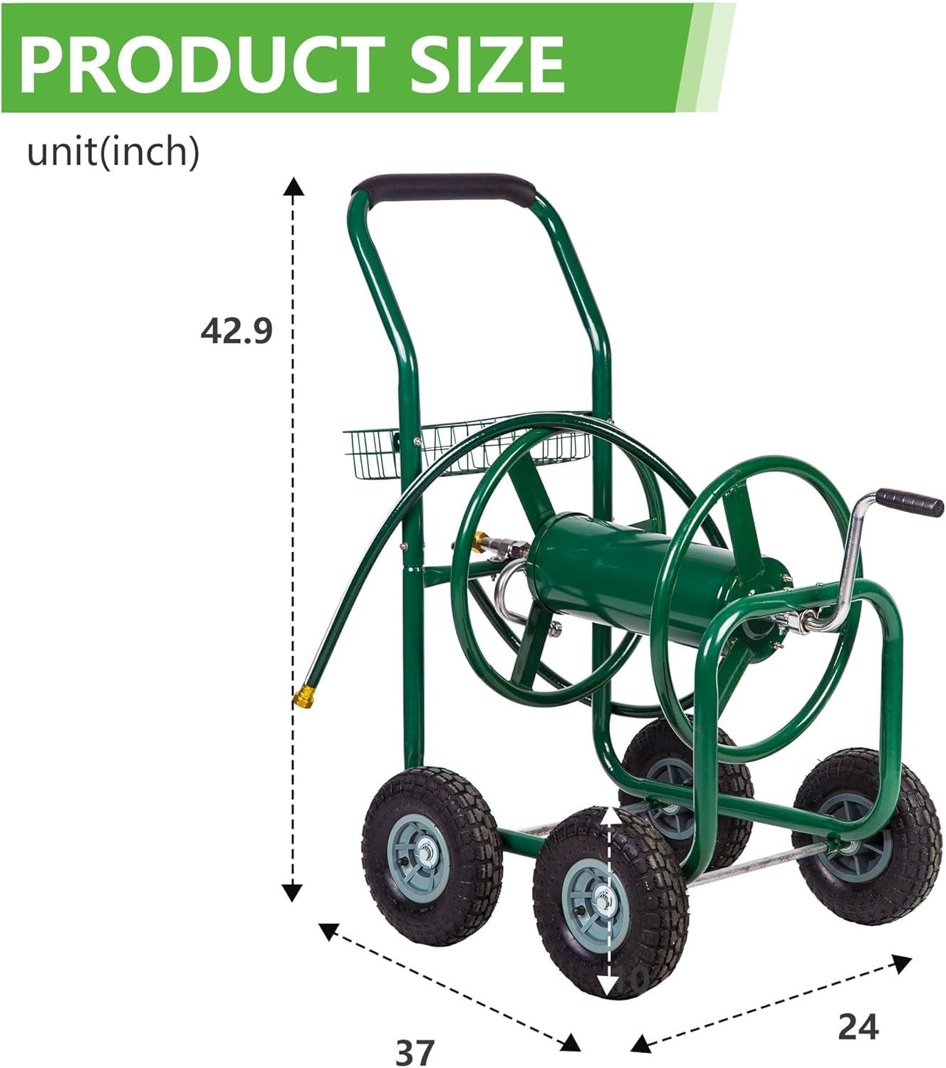 image:imageFDW Garden Hose Reel Cart Water Hose Cart with 4 Wheels Hold Up to 300 ft of 58 HoseHeavy Duty PowderCoated Steel Planting with Storage Basket for Garden Yard and LawnGreen
