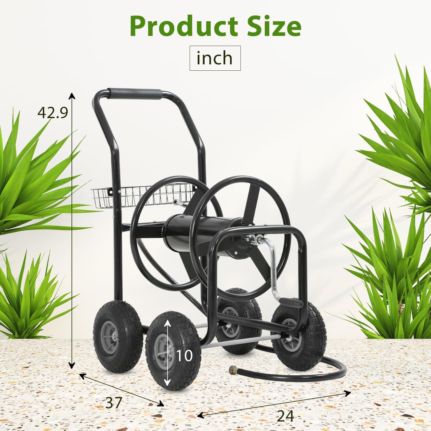 image:imageFDW Garden Hose Reel Cart Water Hose Cart with 4 Wheels Hold Up to 300 ft of 58 HoseHeavy Duty PowderCoated Steel Planting with Storage Basket for Garden Yard and LawnBlack