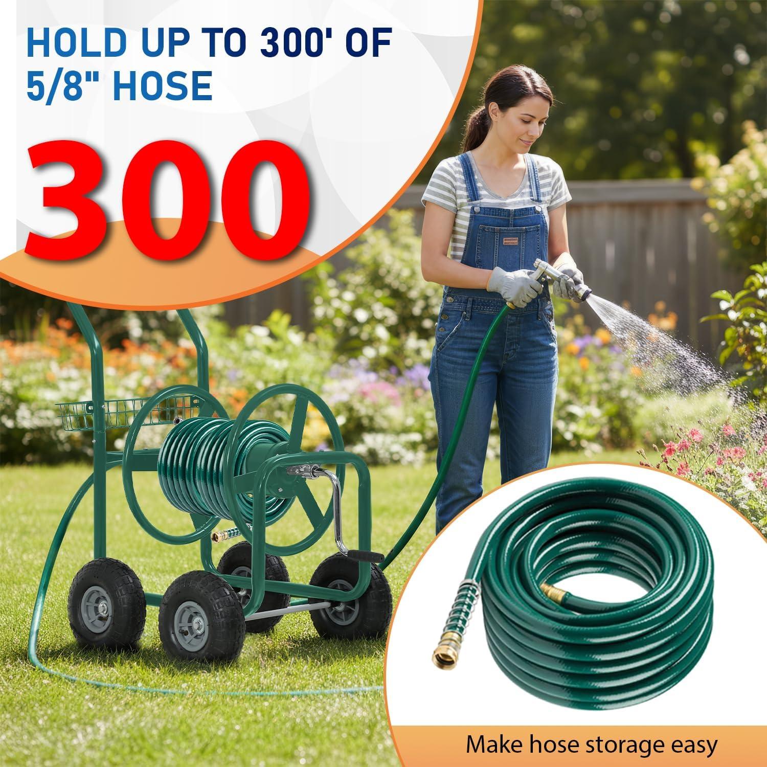 image:imageFDW Garden Hose Reel Cart Water Hose Cart with 4 Wheels Hold Up to 300 ft of 58 HoseHeavy Duty PowderCoated Steel Planting with Storage Basket for Garden Yard and LawnGreen1