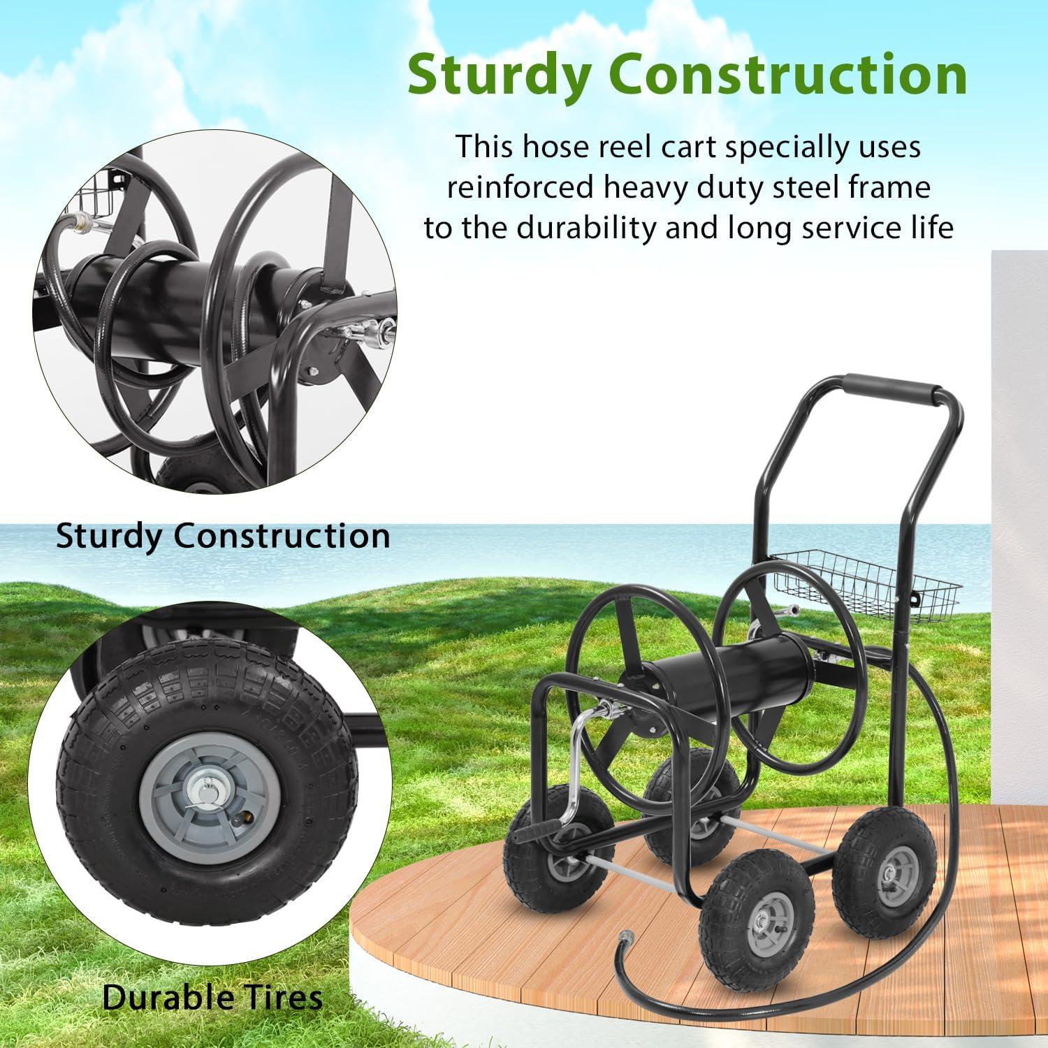 image:imageFDW Garden Hose Reel Cart Water Hose Cart with 4 Wheels Hold Up to 300 ft of 58 HoseHeavy Duty PowderCoated Steel Planting with Storage Basket for Garden Yard and LawnBlack