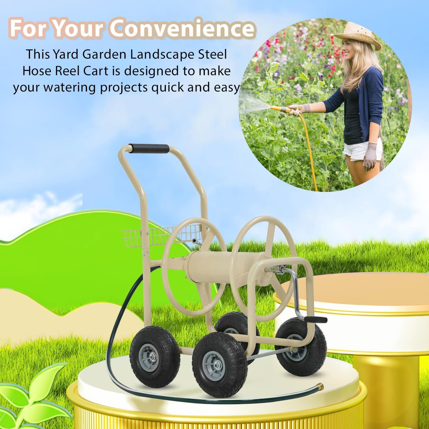 image:imageFDW Garden Hose Reel Cart Water Hose Cart with 4 Wheels Hold Up to 300 ft of 58 HoseHeavy Duty PowderCoated Steel Planting with Storage Basket for Garden Yard and LawnTan