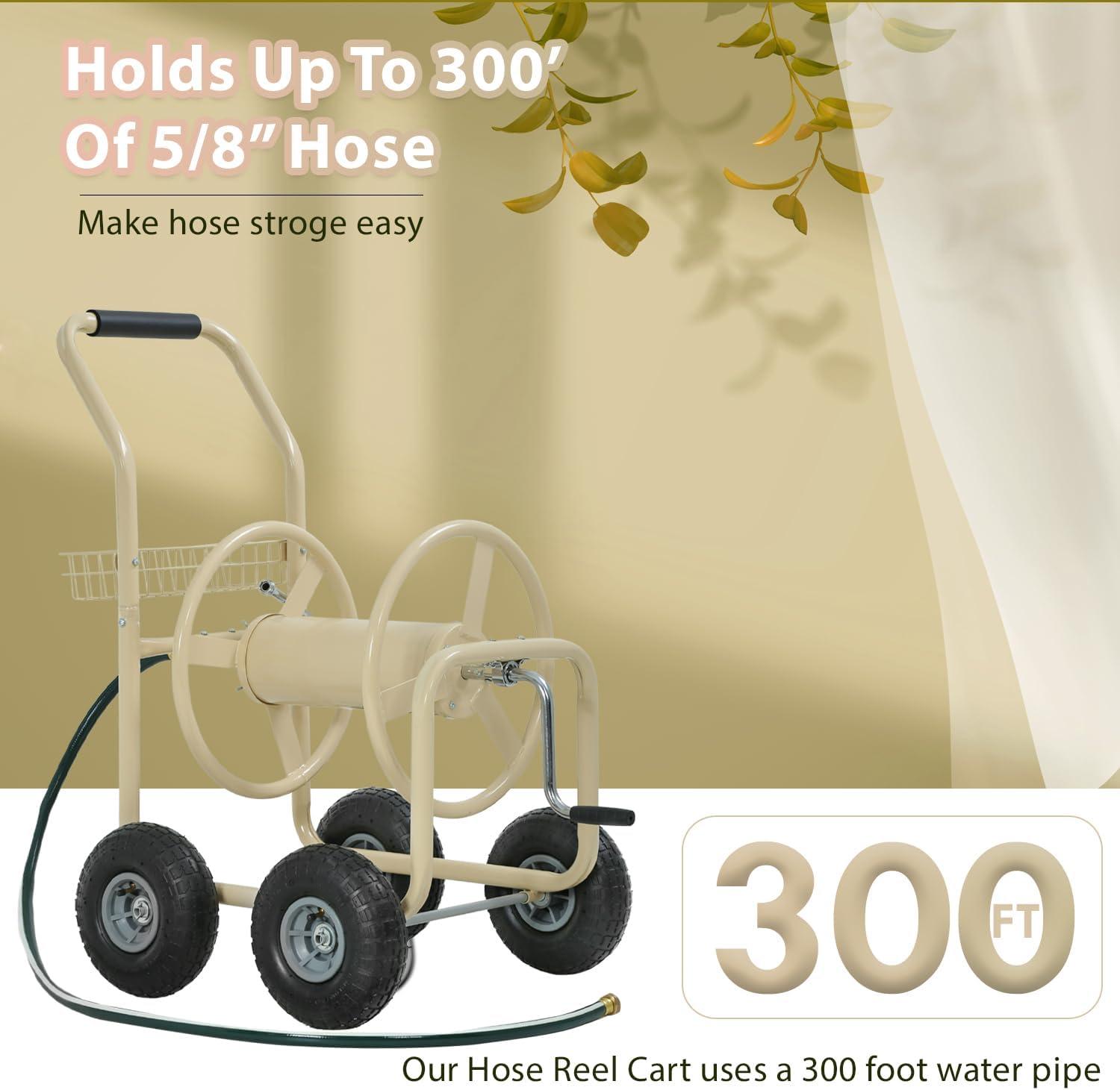 image:imageFDW Garden Hose Reel Cart Water Hose Cart with 4 Wheels Hold Up to 300 ft of 58 HoseHeavy Duty PowderCoated Steel Planting with Storage Basket for Garden Yard and LawnTan