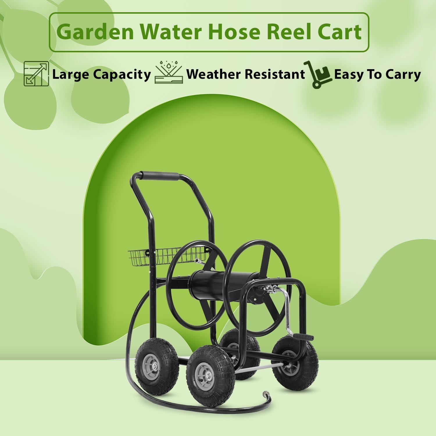 image:imageFDW Garden Hose Reel Cart Water Hose Cart with 4 Wheels Hold Up to 300 ft of 58 HoseHeavy Duty PowderCoated Steel Planting with Storage Basket for Garden Yard and LawnBlack