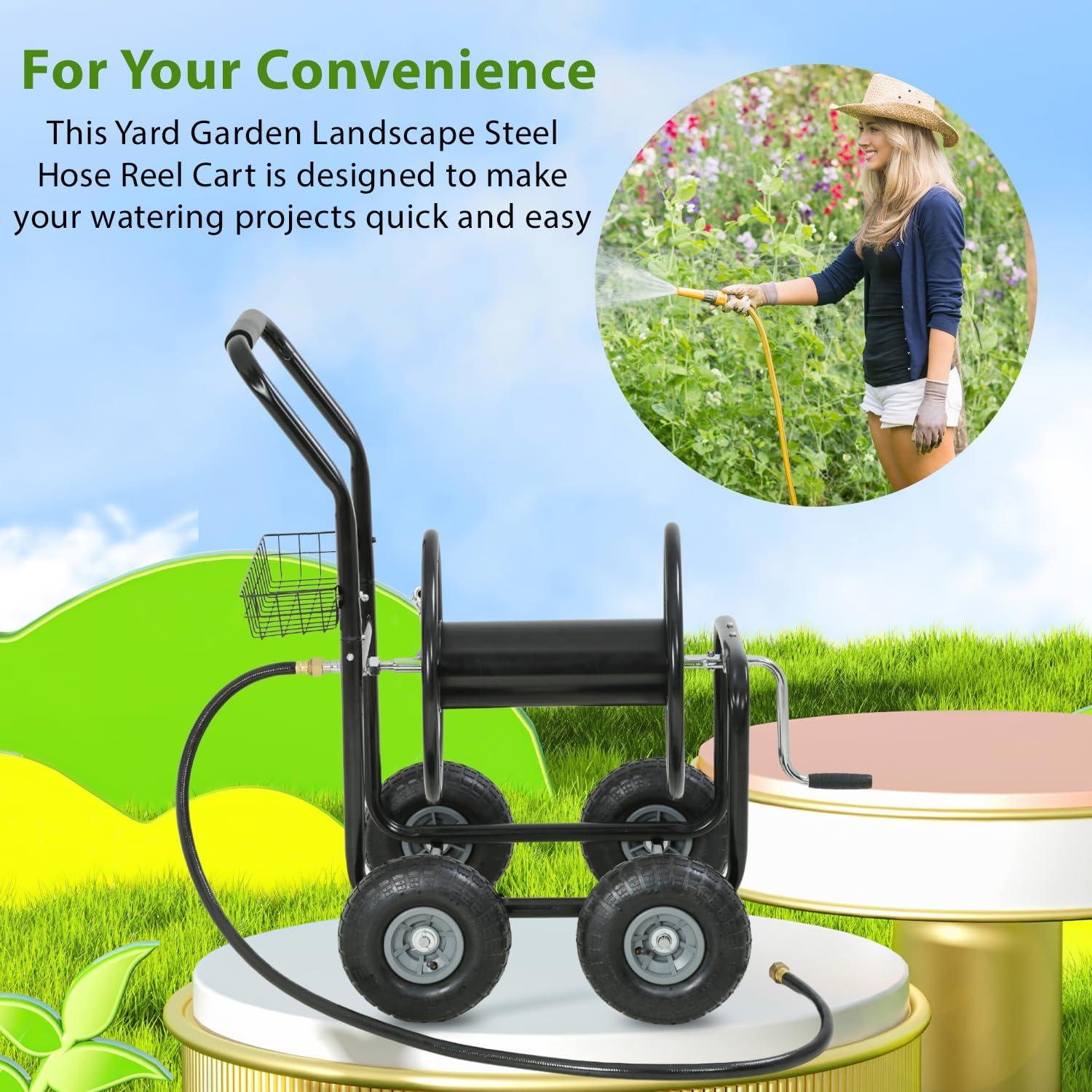 image:imageFDW Garden Hose Reel Cart Water Hose Cart with 4 Wheels Hold Up to 300 ft of 58 HoseHeavy Duty PowderCoated Steel Planting with Storage Basket for Garden Yard and LawnBlack