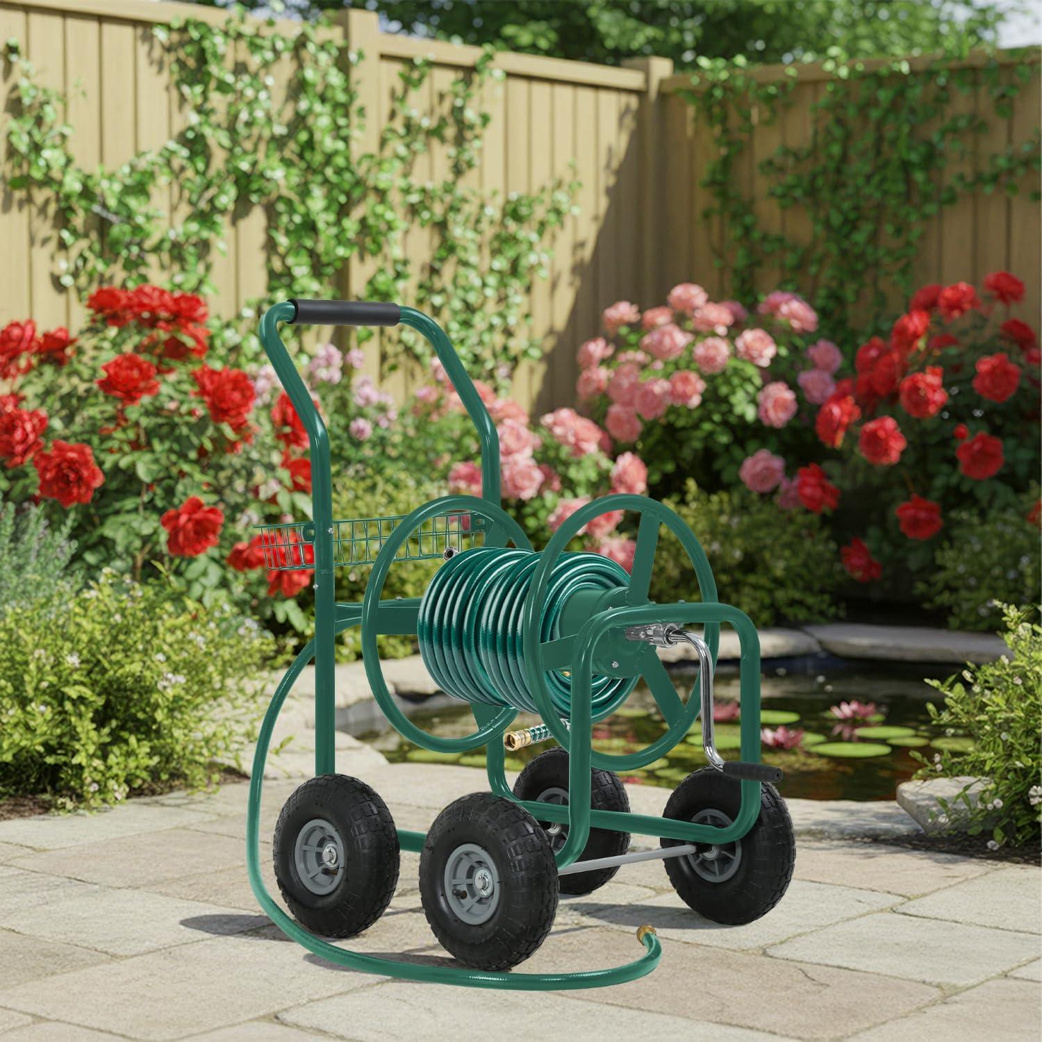 image:imageFDW Garden Hose Reel Cart Water Hose Cart with 4 Wheels Hold Up to 300 ft of 58 HoseHeavy Duty PowderCoated Steel Planting with Storage Basket for Garden Yard and LawnGreen1