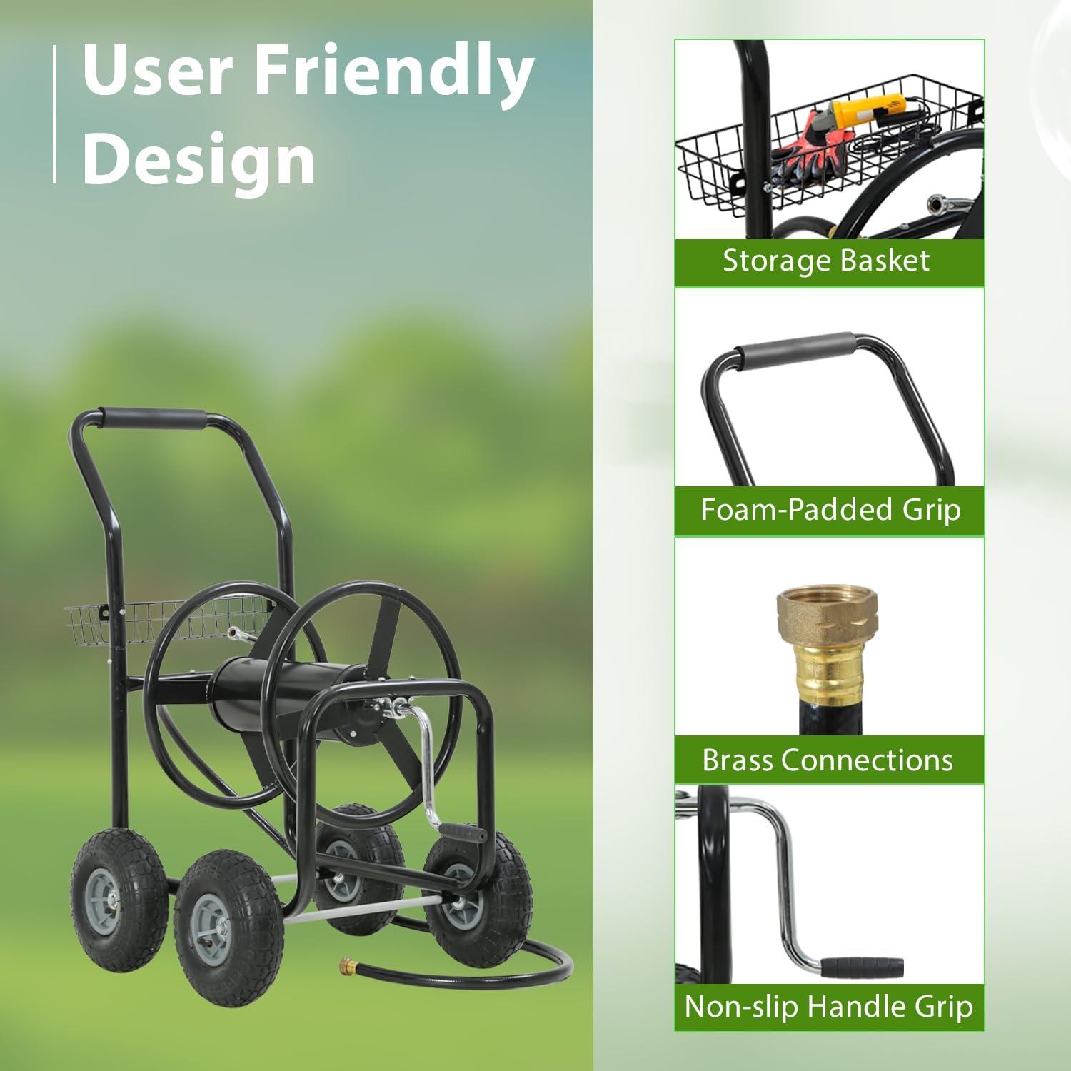 image:imageFDW Garden Hose Reel Cart Water Hose Cart with 4 Wheels Hold Up to 300 ft of 58 HoseHeavy Duty PowderCoated Steel Planting with Storage Basket for Garden Yard and LawnBlack