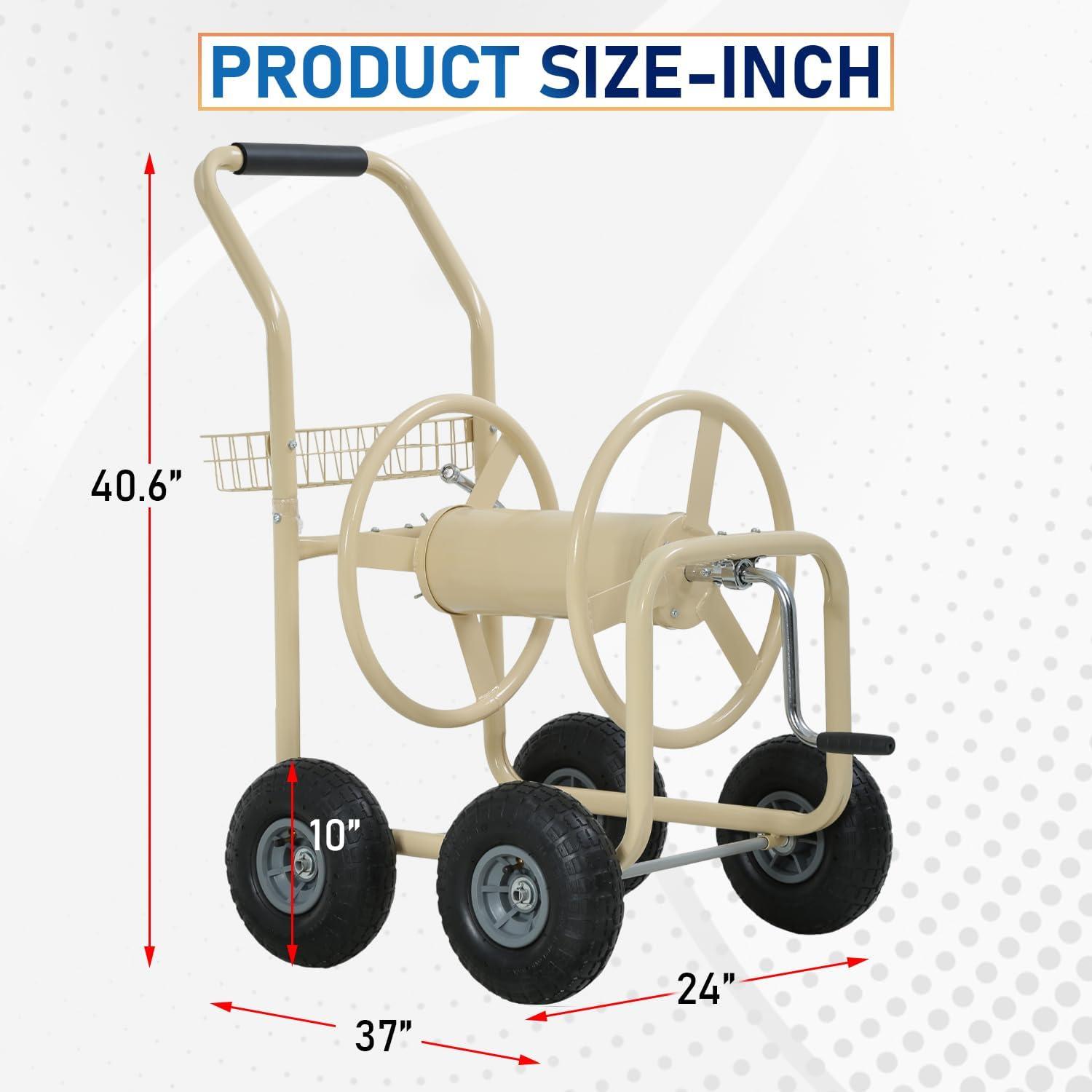image:imageFDW Garden Hose Reel Cart Water Hose Cart with 4 Wheels Hold Up to 300 ft of 58 HoseHeavy Duty PowderCoated Steel Planting with Storage Basket for Garden Yard and LawnTan1