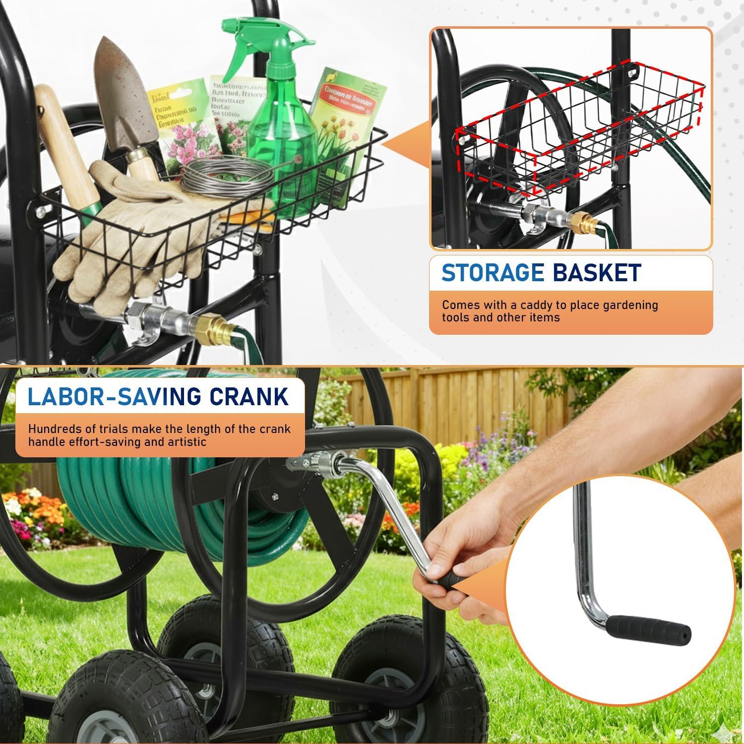 image:imageFDW Garden Hose Reel Cart Water Hose Cart with 4 Wheels Hold Up to 300 ft of 58 HoseHeavy Duty PowderCoated Steel Planting with Storage Basket for Garden Yard and LawnBlack1