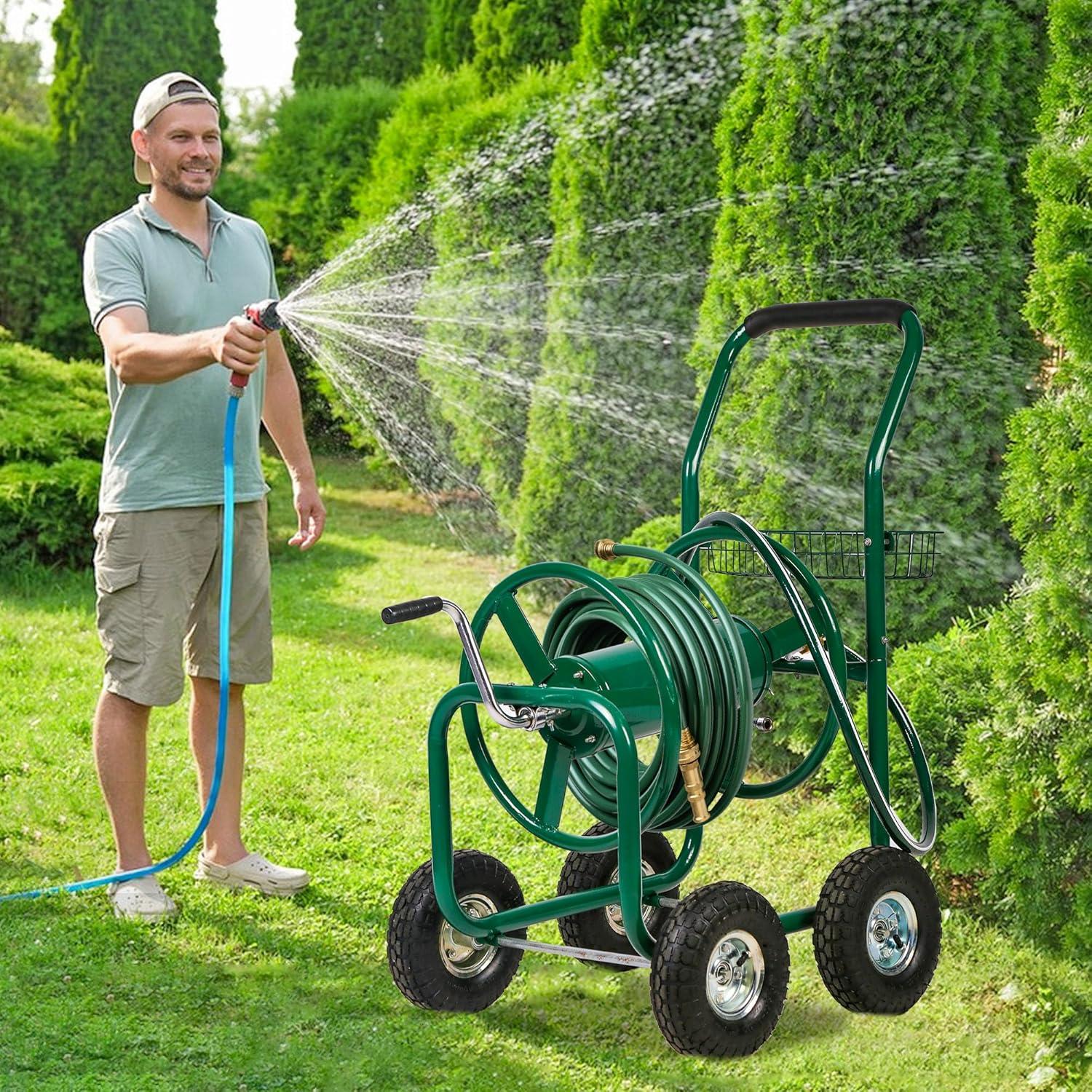 image:imageFDW Garden Hose Reel Cart Water Hose Cart with 4 Wheels Hold Up to 300 ft of 58 HoseHeavy Duty PowderCoated Steel Planting with Storage Basket for Garden Yard and LawnGreen