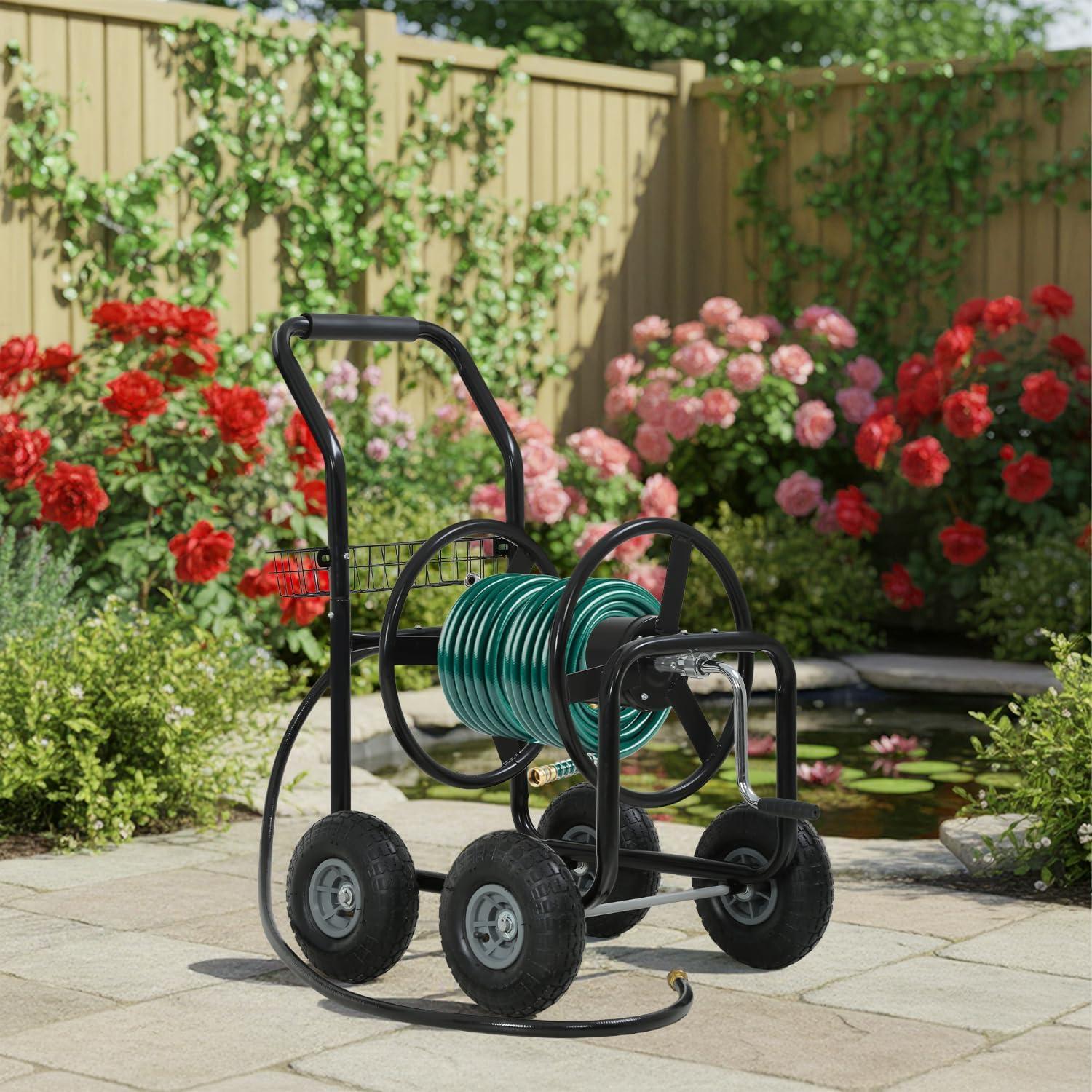image:imageFDW Garden Hose Reel Cart Water Hose Cart with 4 Wheels Hold Up to 300 ft of 58 HoseHeavy Duty PowderCoated Steel Planting with Storage Basket for Garden Yard and LawnBlack1