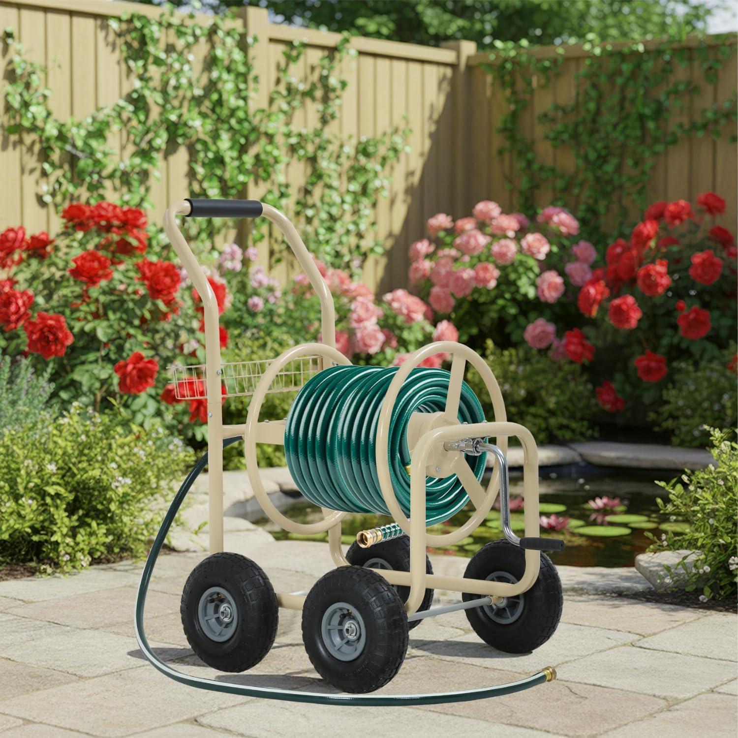 image:imageFDW Garden Hose Reel Cart Water Hose Cart with 4 Wheels Hold Up to 300 ft of 58 HoseHeavy Duty PowderCoated Steel Planting with Storage Basket for Garden Yard and LawnTan1