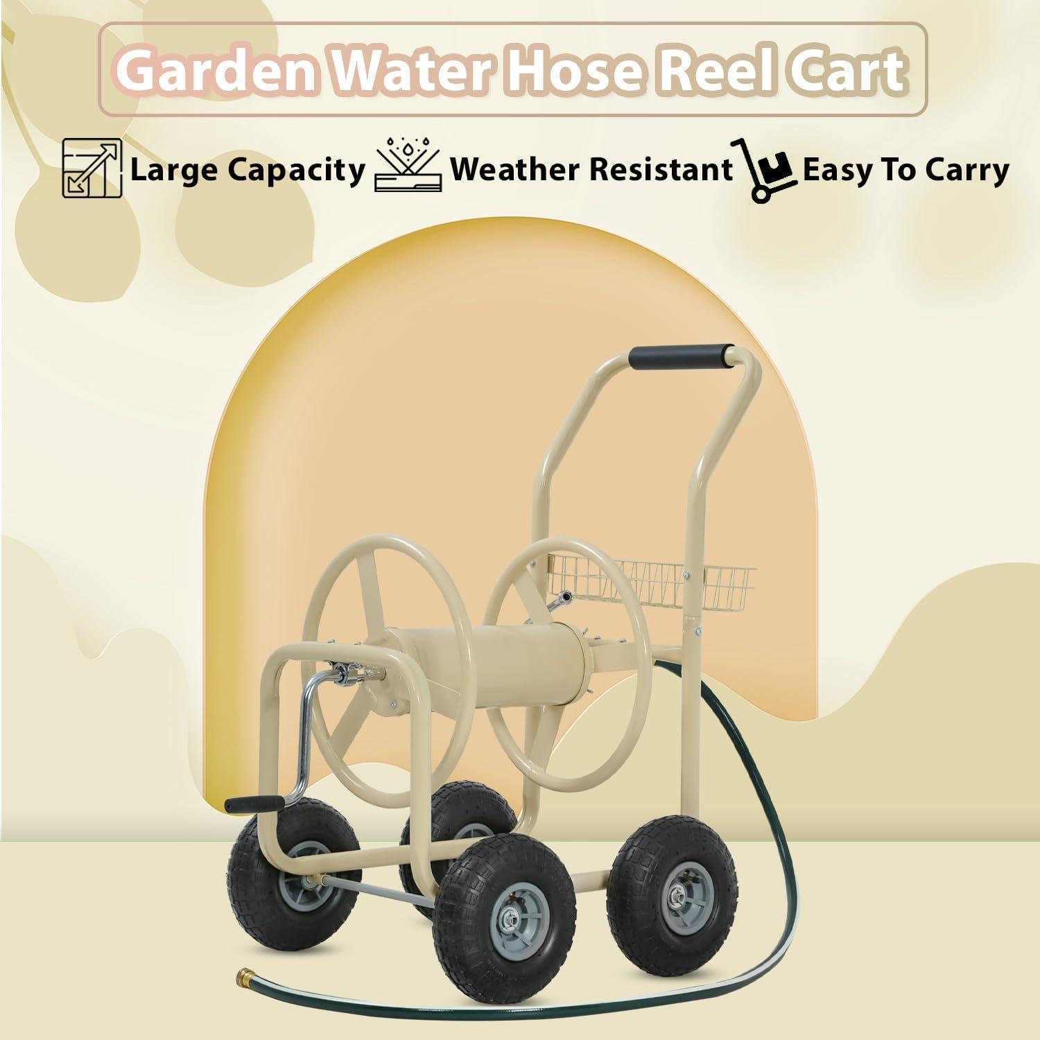 image:imageFDW Garden Hose Reel Cart Water Hose Cart with 4 Wheels Hold Up to 300 ft of 58 HoseHeavy Duty PowderCoated Steel Planting with Storage Basket for Garden Yard and LawnTan