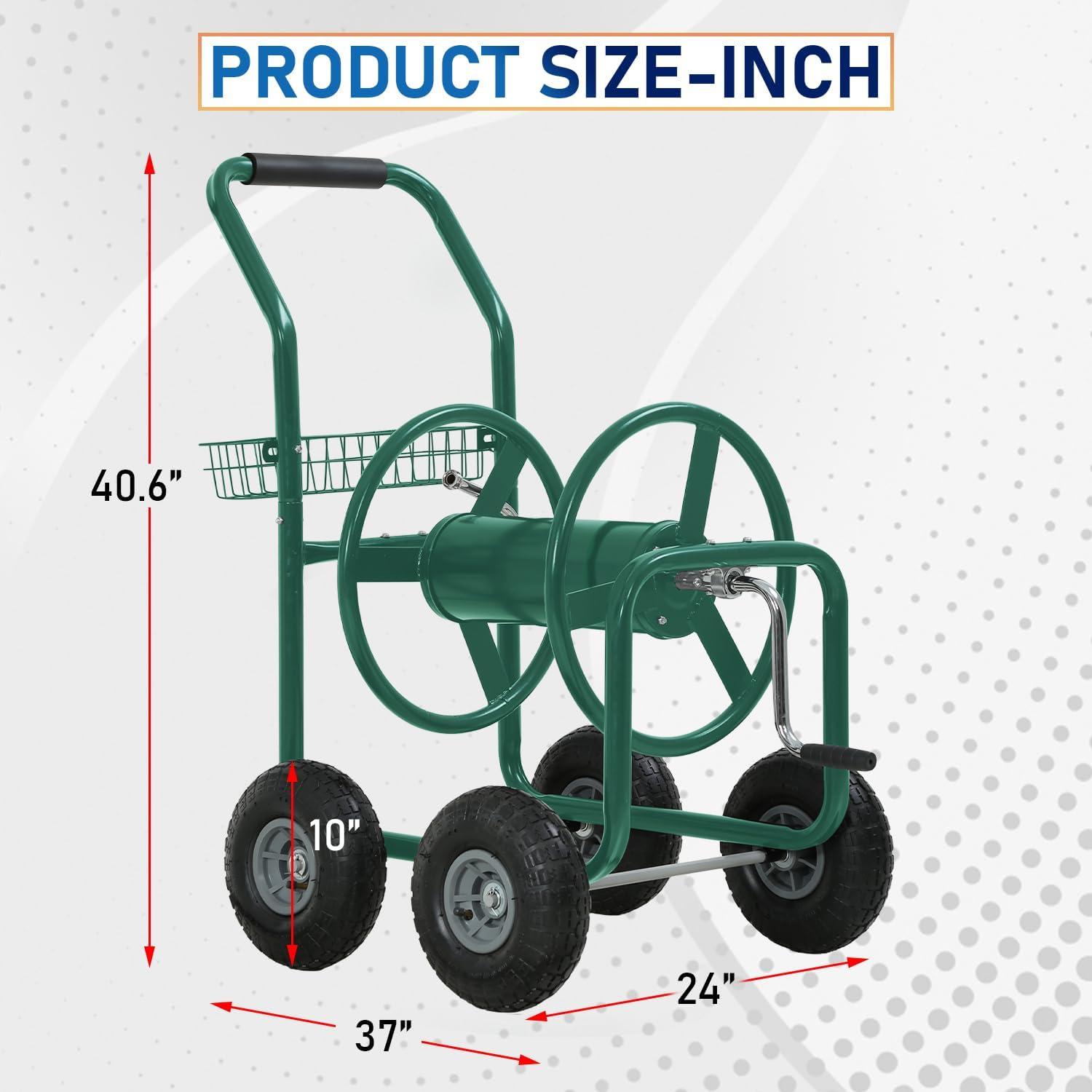 image:imageFDW Garden Hose Reel Cart Water Hose Cart with 4 Wheels Hold Up to 300 ft of 58 HoseHeavy Duty PowderCoated Steel Planting with Storage Basket for Garden Yard and LawnGreen1