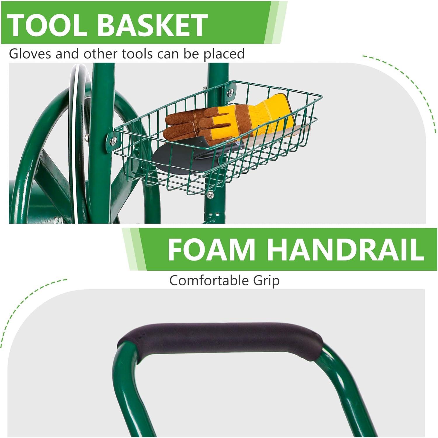 image:imageFDW Garden Hose Reel Cart Water Hose Cart with 4 Wheels Hold Up to 300 ft of 58 HoseHeavy Duty PowderCoated Steel Planting with Storage Basket for Garden Yard and LawnGreen