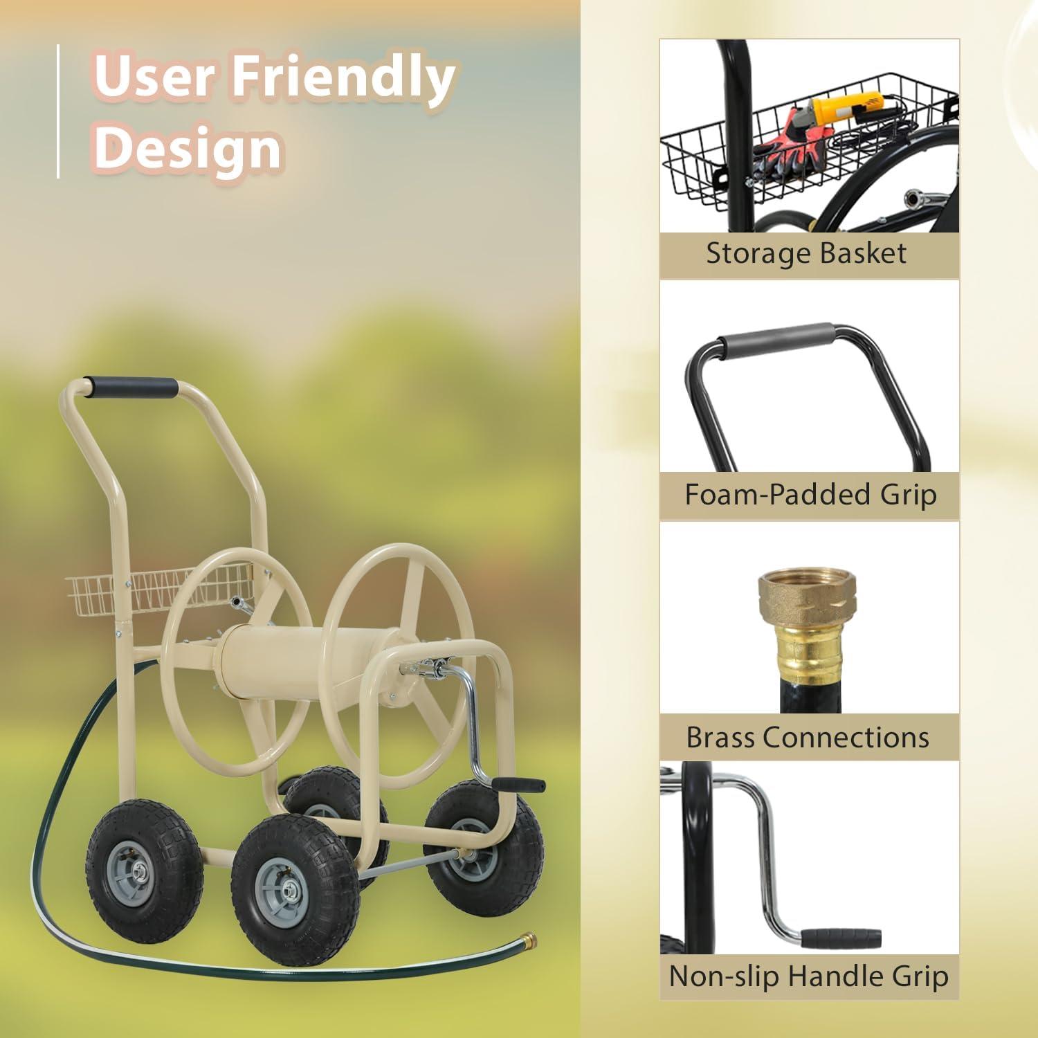 image:imageFDW Garden Hose Reel Cart Water Hose Cart with 4 Wheels Hold Up to 300 ft of 58 HoseHeavy Duty PowderCoated Steel Planting with Storage Basket for Garden Yard and LawnTan