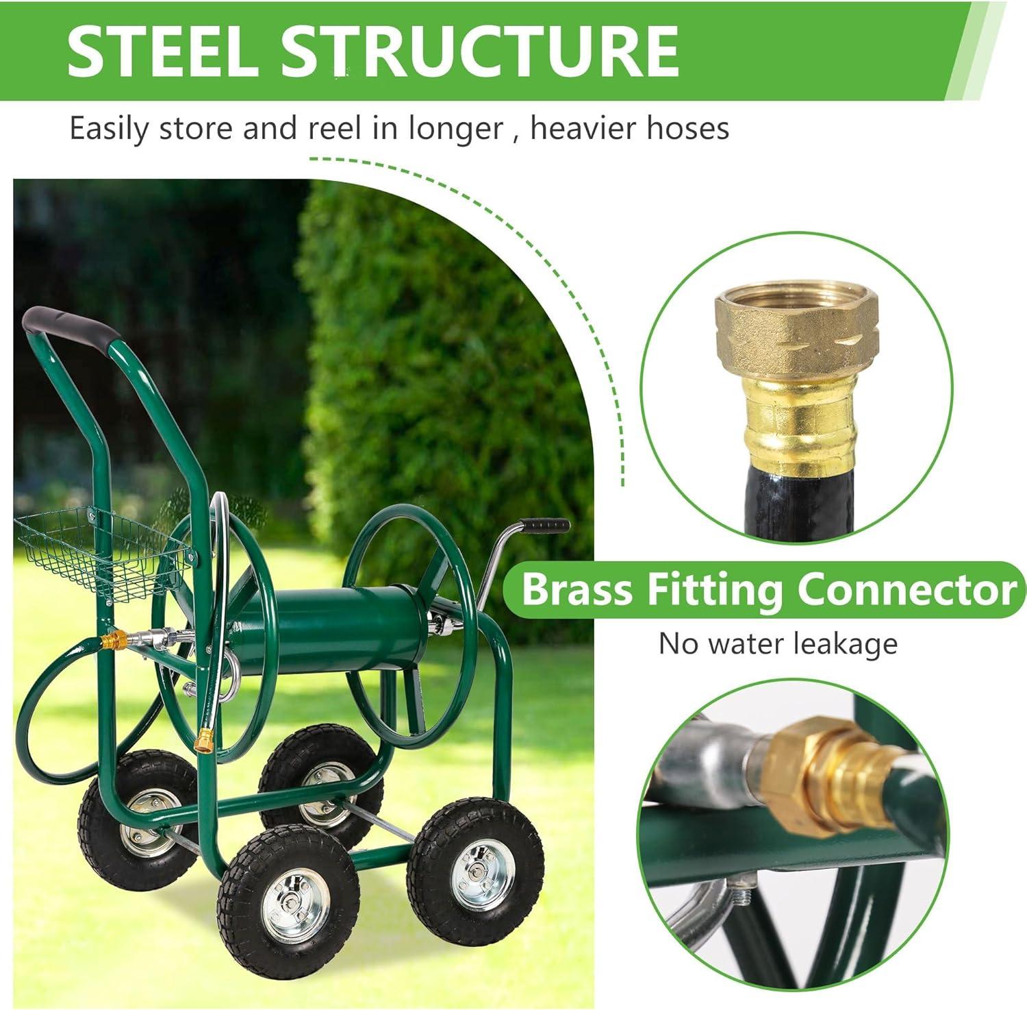 image:imageFDW Garden Hose Reel Cart Water Hose Cart with 4 Wheels Hold Up to 300 ft of 58 HoseHeavy Duty PowderCoated Steel Planting with Storage Basket for Garden Yard and LawnGreen