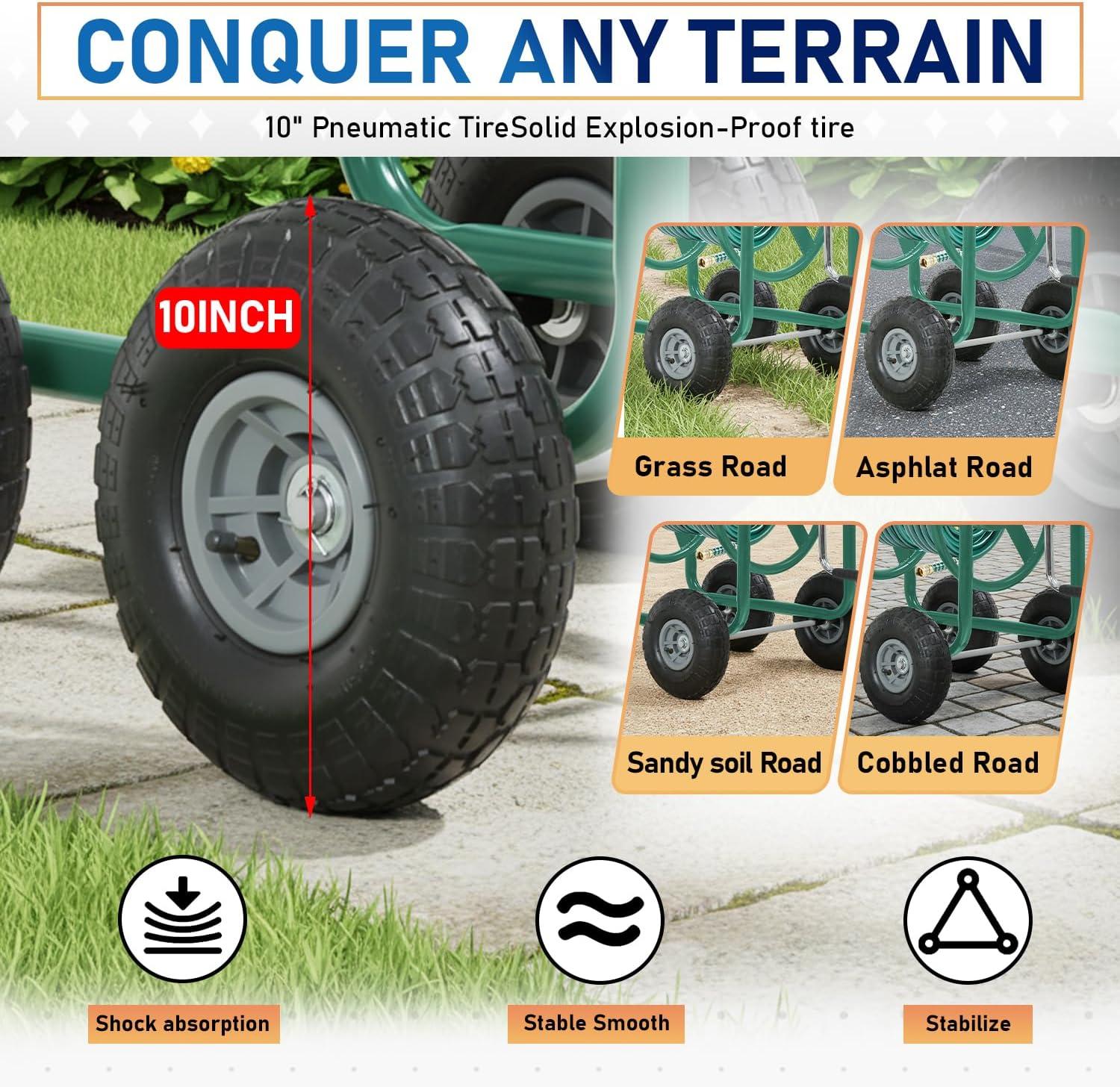 image:imageFDW Garden Hose Reel Cart Water Hose Cart with 4 Wheels Hold Up to 300 ft of 58 HoseHeavy Duty PowderCoated Steel Planting with Storage Basket for Garden Yard and LawnGreen1