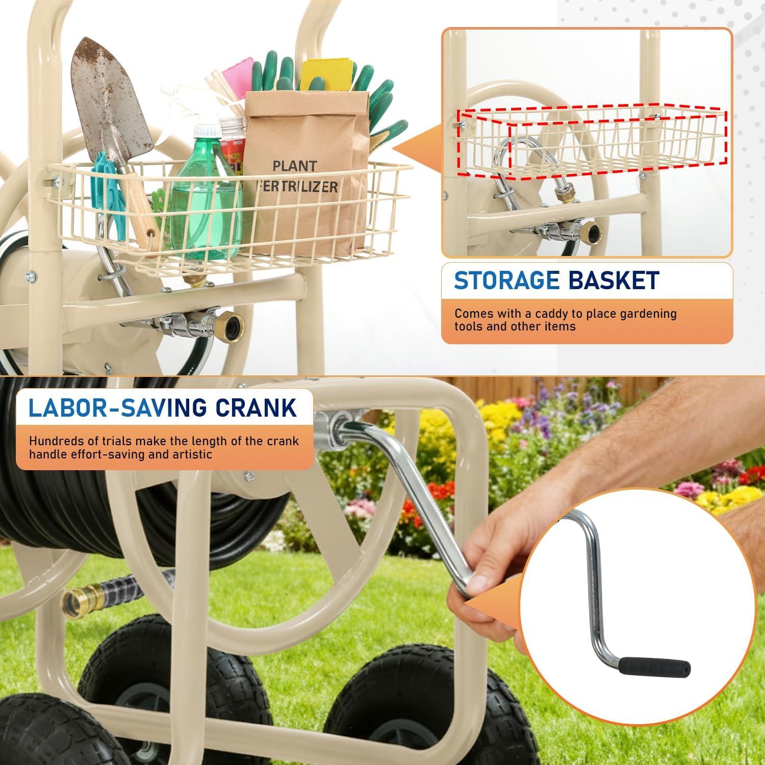 image:imageFDW Garden Hose Reel Cart Water Hose Cart with 4 Wheels Hold Up to 300 ft of 58 HoseHeavy Duty PowderCoated Steel Planting with Storage Basket for Garden Yard and LawnTan1