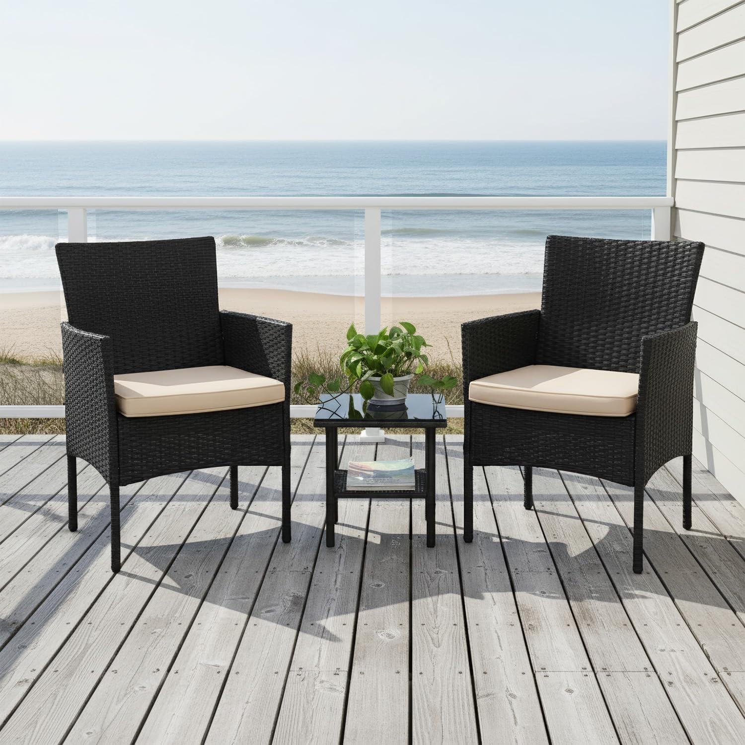 image:imageFDW Wicker Outdoor Furniture Patio Furniture Set of 3 Rattan Patio Chairs Outdoor Chairs Patio Conversation Set with Coffee Table for Yard Backyard Lawn Porch Poolside BalconyBlackBlack and Khaki