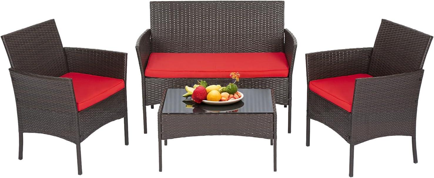 image:imageFDW Wicker Outdoor Furniture Patio Furniture Set of 3 Rattan Patio Chairs Outdoor Chairs Patio Conversation Set with Coffee Table for Yard Backyard Lawn Porch Poolside BalconyBlackBrown and Red