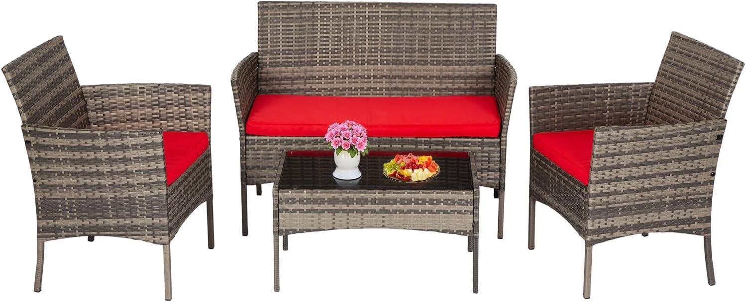 image:imageFDW Wicker Outdoor Furniture Patio Furniture Set of 3 Rattan Patio Chairs Outdoor Chairs Patio Conversation Set with Coffee Table for Yard Backyard Lawn Porch Poolside BalconyBlackGray and Red