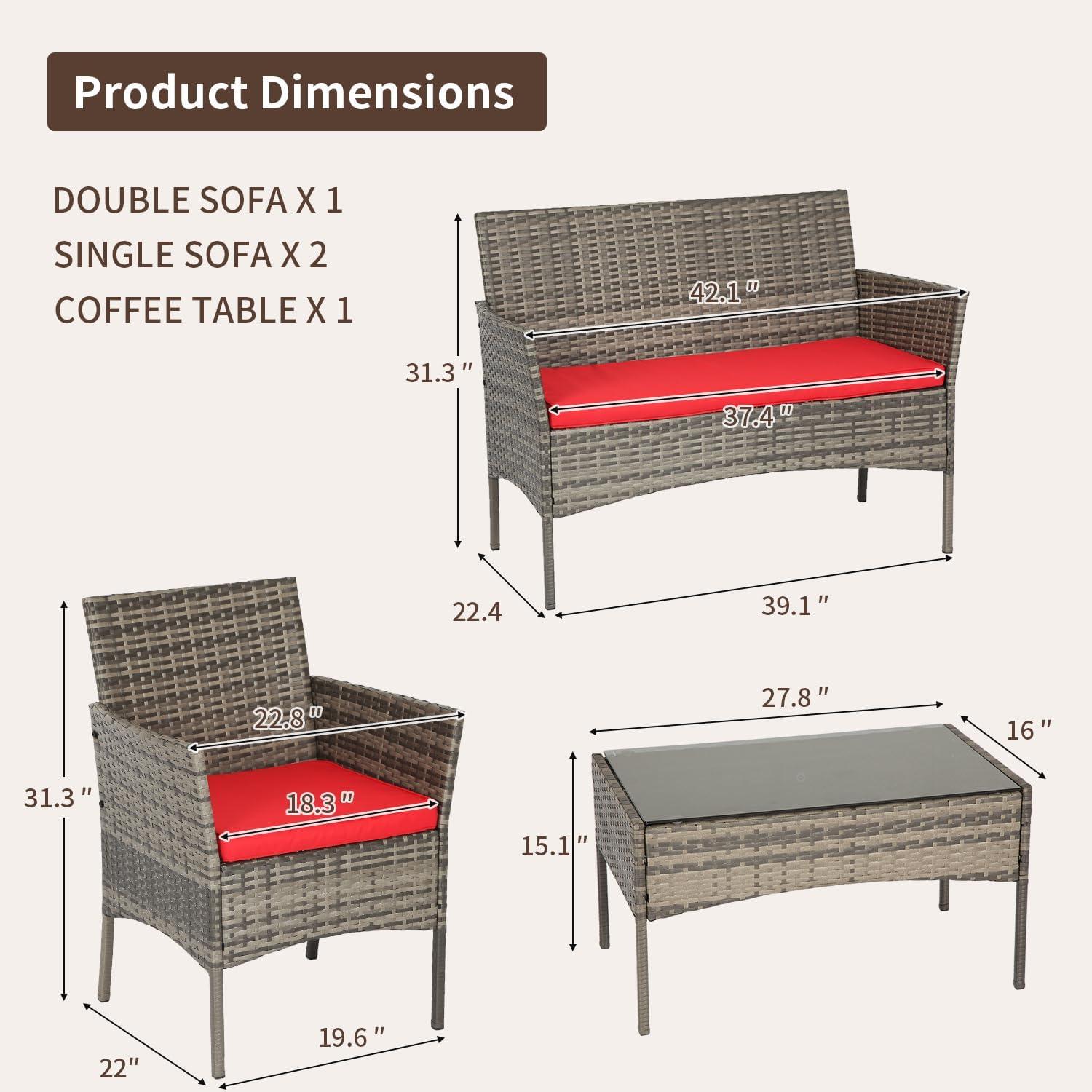 image:imageFDW Wicker Outdoor Furniture Patio Furniture Set of 3 Rattan Patio Chairs Outdoor Chairs Patio Conversation Set with Coffee Table for Yard Backyard Lawn Porch Poolside BalconyBlackGray and Red