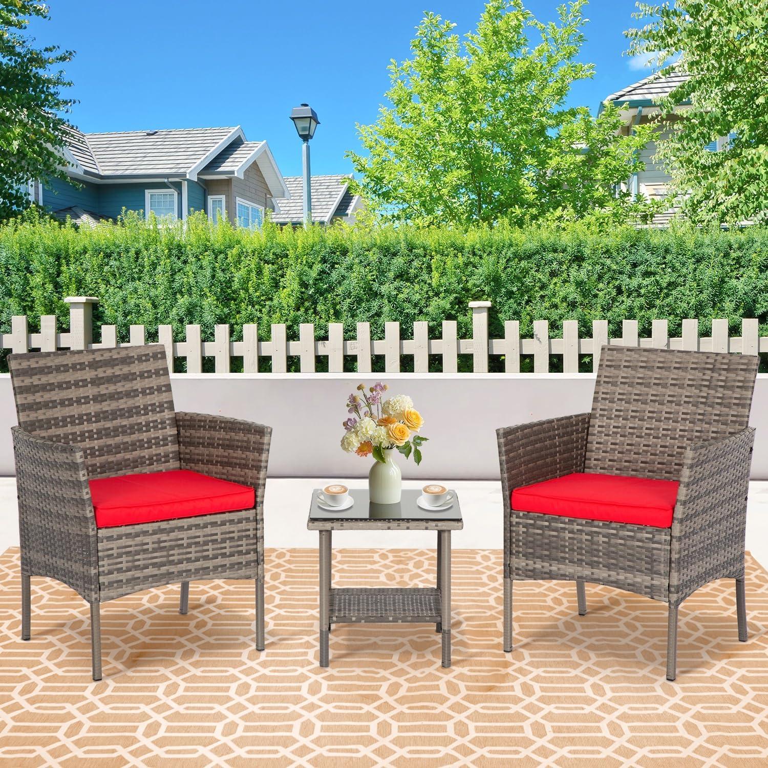 image:imageFDW Wicker Outdoor Furniture Patio Furniture Set of 3 Rattan Patio Chairs Outdoor Chairs Patio Conversation Set with Coffee Table for Yard Backyard Lawn Porch Poolside BalconyBlackGray and Red
