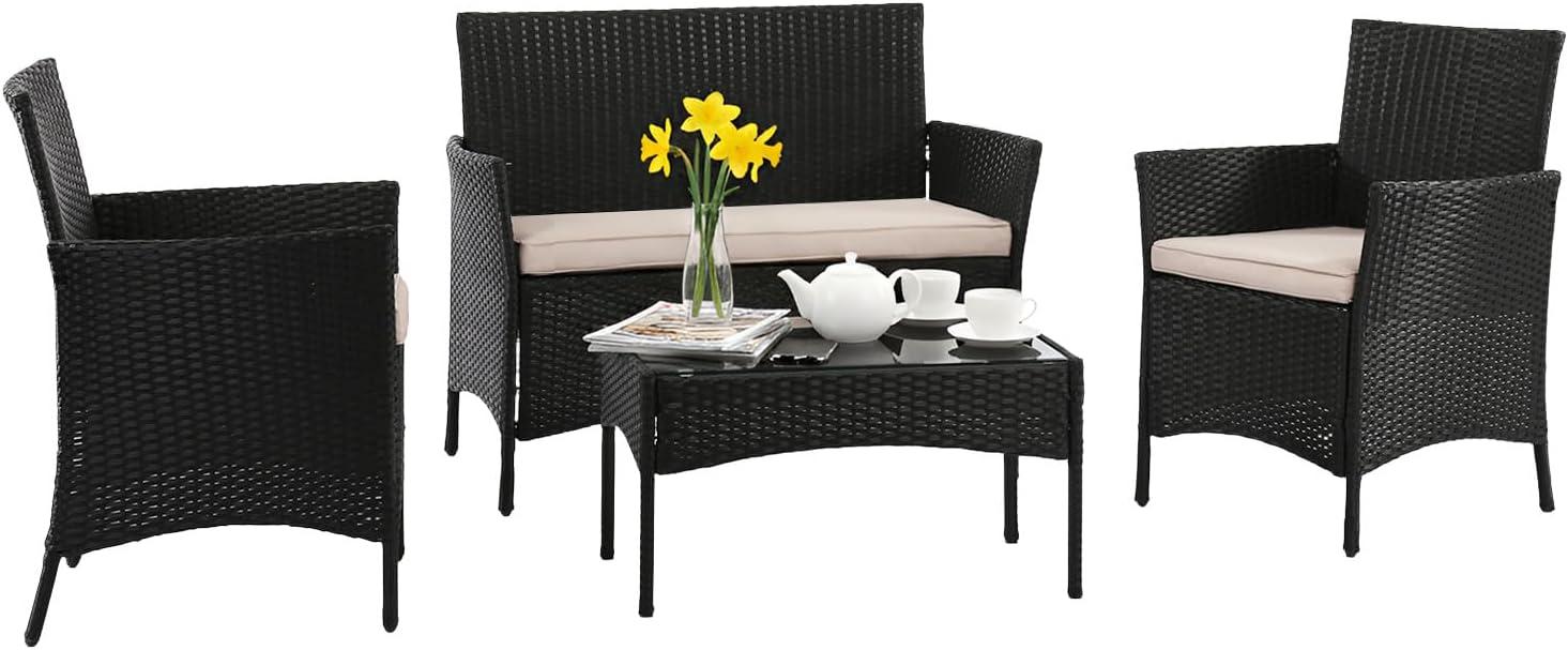 image:imageFDW Wicker Outdoor Furniture Patio Furniture Set of 3 Rattan Patio Chairs Outdoor Chairs Patio Conversation Set with Coffee Table for Yard Backyard Lawn Porch Poolside BalconyBlackBlack and Beige