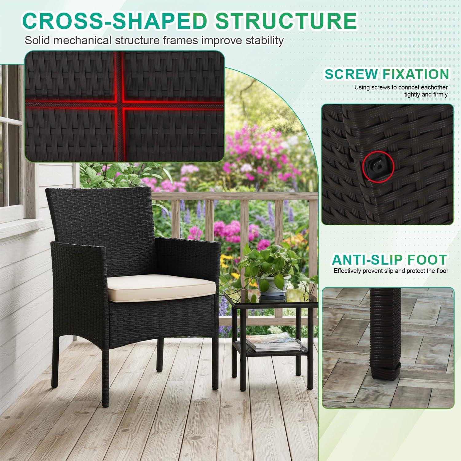 image:imageFDW Wicker Outdoor Furniture Patio Furniture Set of 3 Rattan Patio Chairs Outdoor Chairs Patio Conversation Set with Coffee Table for Yard Backyard Lawn Porch Poolside BalconyBlackBlack and Khaki