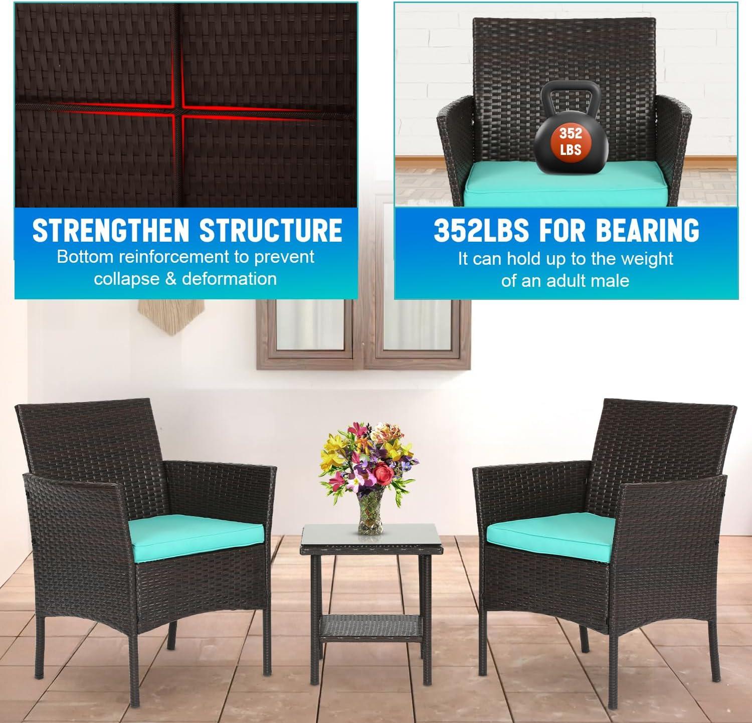 image:imageFDW Wicker Outdoor Furniture Patio Furniture Set of 3 Rattan Patio Chairs Outdoor Chairs Patio Conversation Set with Coffee Table for Yard Backyard Lawn Porch Poolside BalconyBlackBrown and Blue