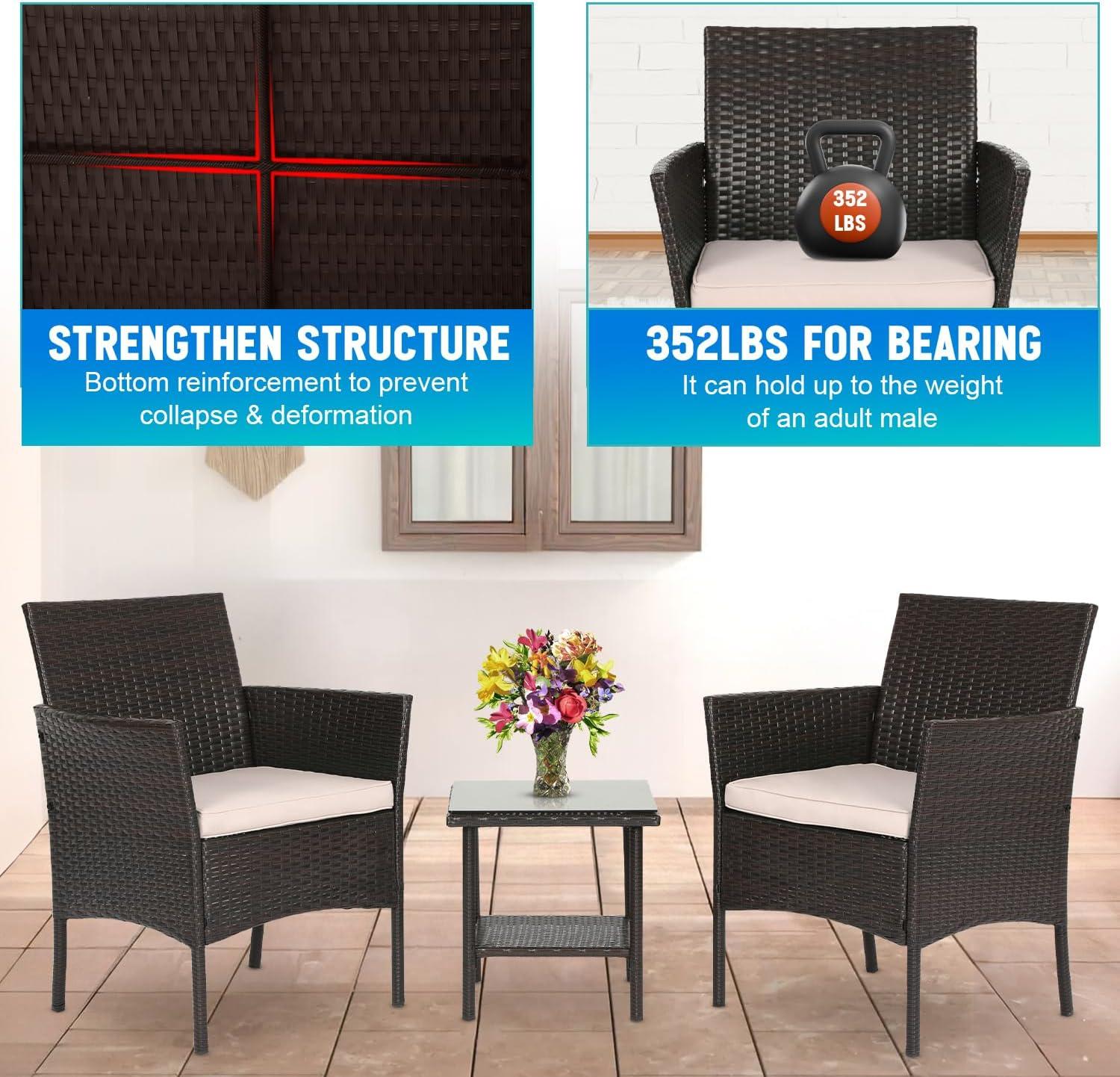 image:imageFDW Wicker Outdoor Furniture Patio Furniture Set of 3 Rattan Patio Chairs Outdoor Chairs Patio Conversation Set with Coffee Table for Yard Backyard Lawn Porch Poolside BalconyBlackBrown and Khaki