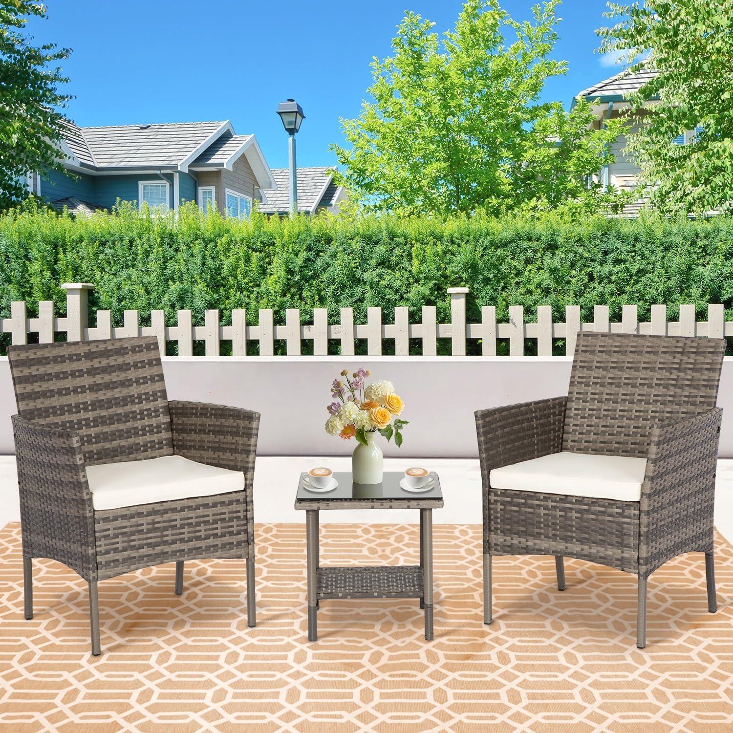 image:imageFDW Wicker Outdoor Furniture Patio Furniture Set of 3 Rattan Patio Chairs Outdoor Chairs Patio Conversation Set with Coffee Table for Yard Backyard Lawn Porch Poolside BalconyBlackGray and Khaki