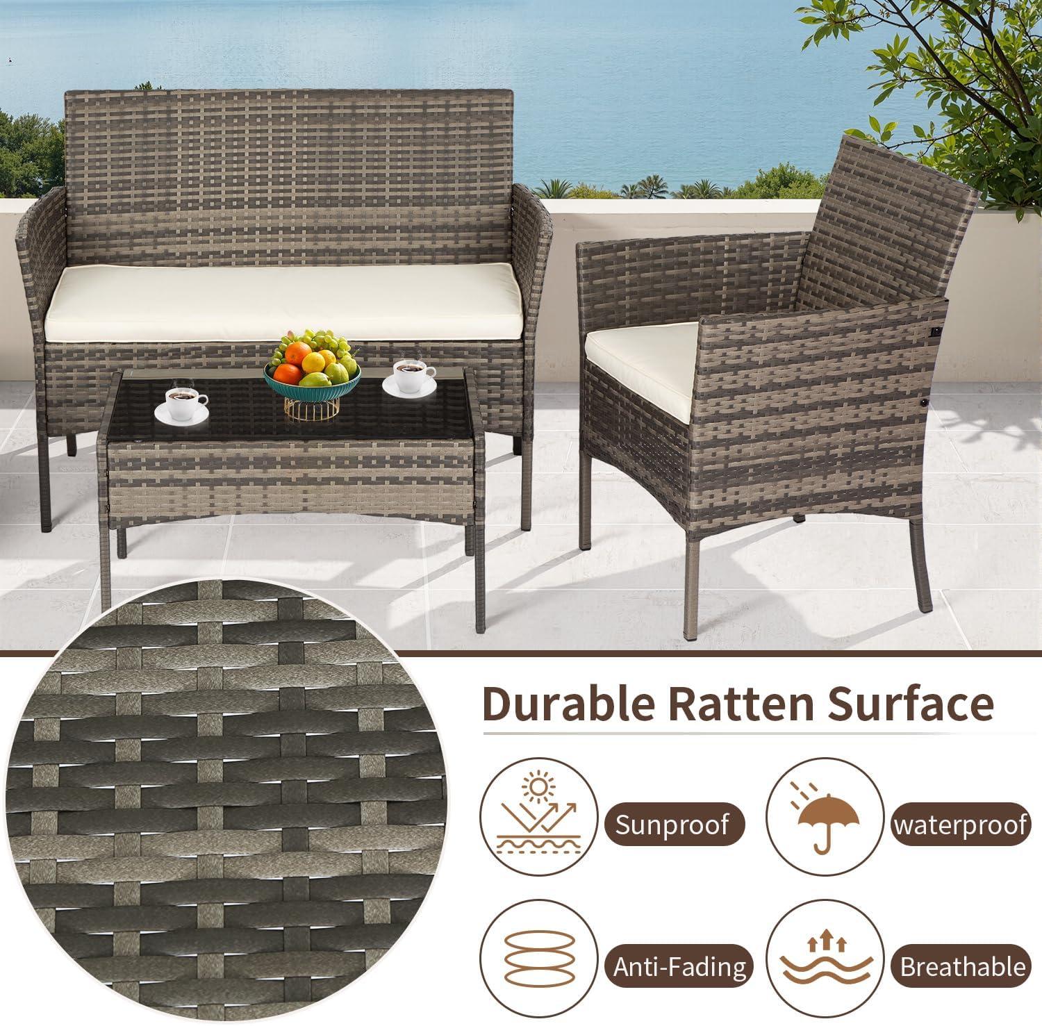 image:imageFDW Wicker Outdoor Furniture Patio Furniture Set of 3 Rattan Patio Chairs Outdoor Chairs Patio Conversation Set with Coffee Table for Yard Backyard Lawn Porch Poolside BalconyBlackGray and Khaki