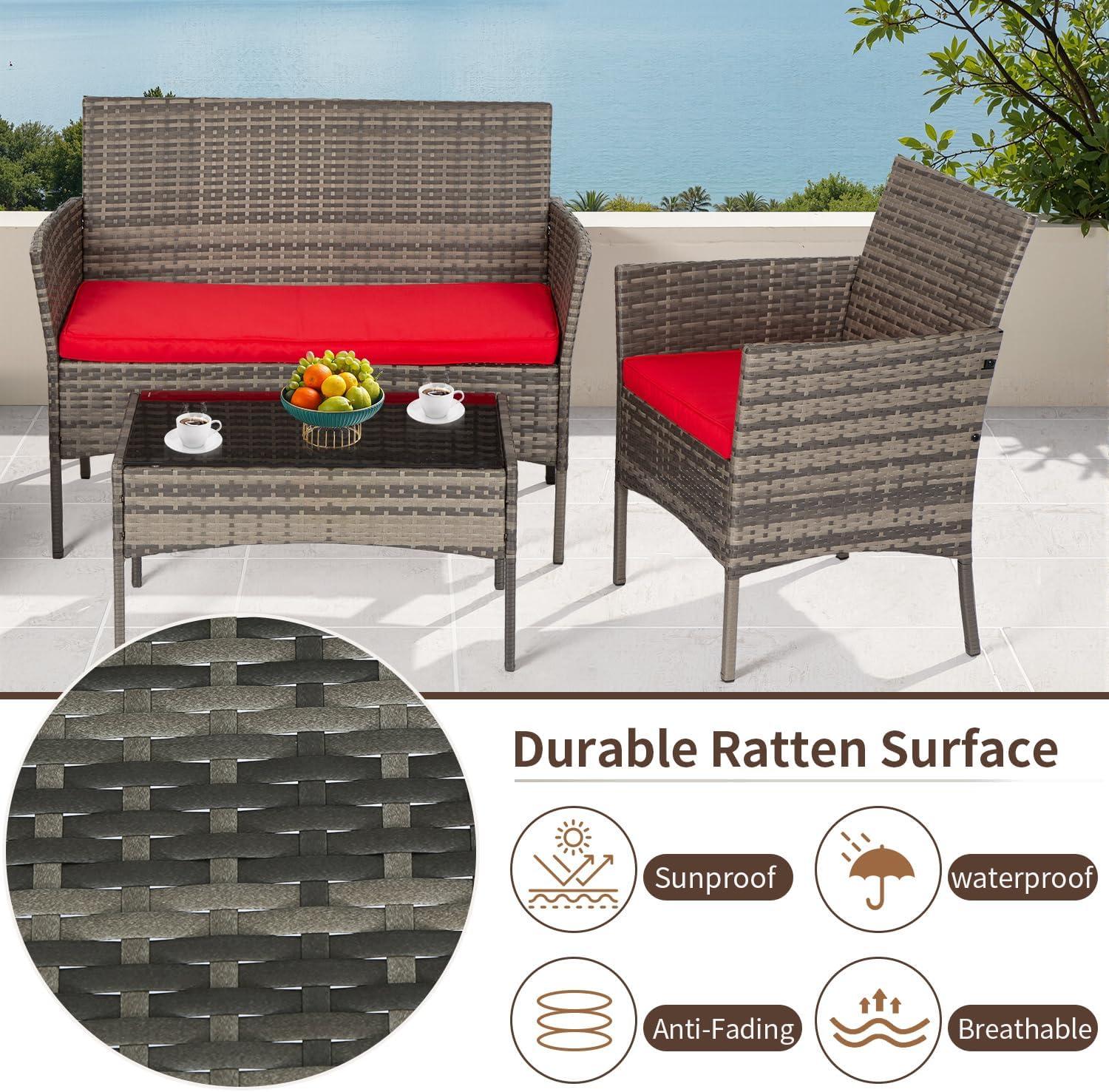 image:imageFDW Wicker Outdoor Furniture Patio Furniture Set of 3 Rattan Patio Chairs Outdoor Chairs Patio Conversation Set with Coffee Table for Yard Backyard Lawn Porch Poolside BalconyBlackGray and Red
