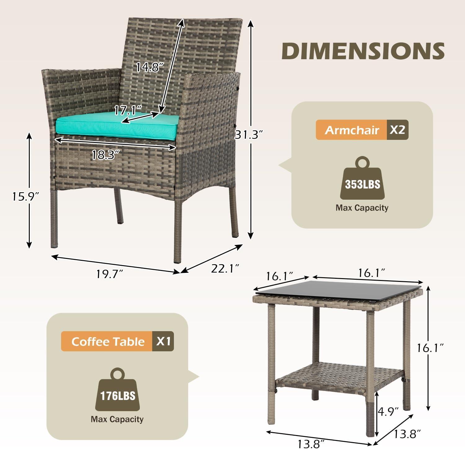 image:imageFDW Wicker Outdoor Furniture Patio Furniture Set of 3 Rattan Patio Chairs Outdoor Chairs Patio Conversation Set with Coffee Table for Yard Backyard Lawn Porch Poolside BalconyBlackGray and Blue