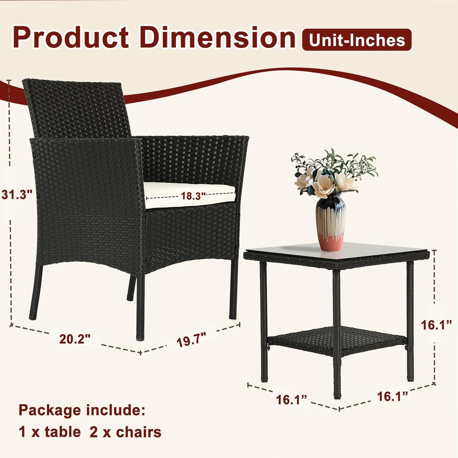 image:imageFDW Wicker Outdoor Furniture Patio Furniture Set of 3 Rattan Patio Chairs Outdoor Chairs Patio Conversation Set with Coffee Table for Yard Backyard Lawn Porch Poolside BalconyBlackBlack and Beige