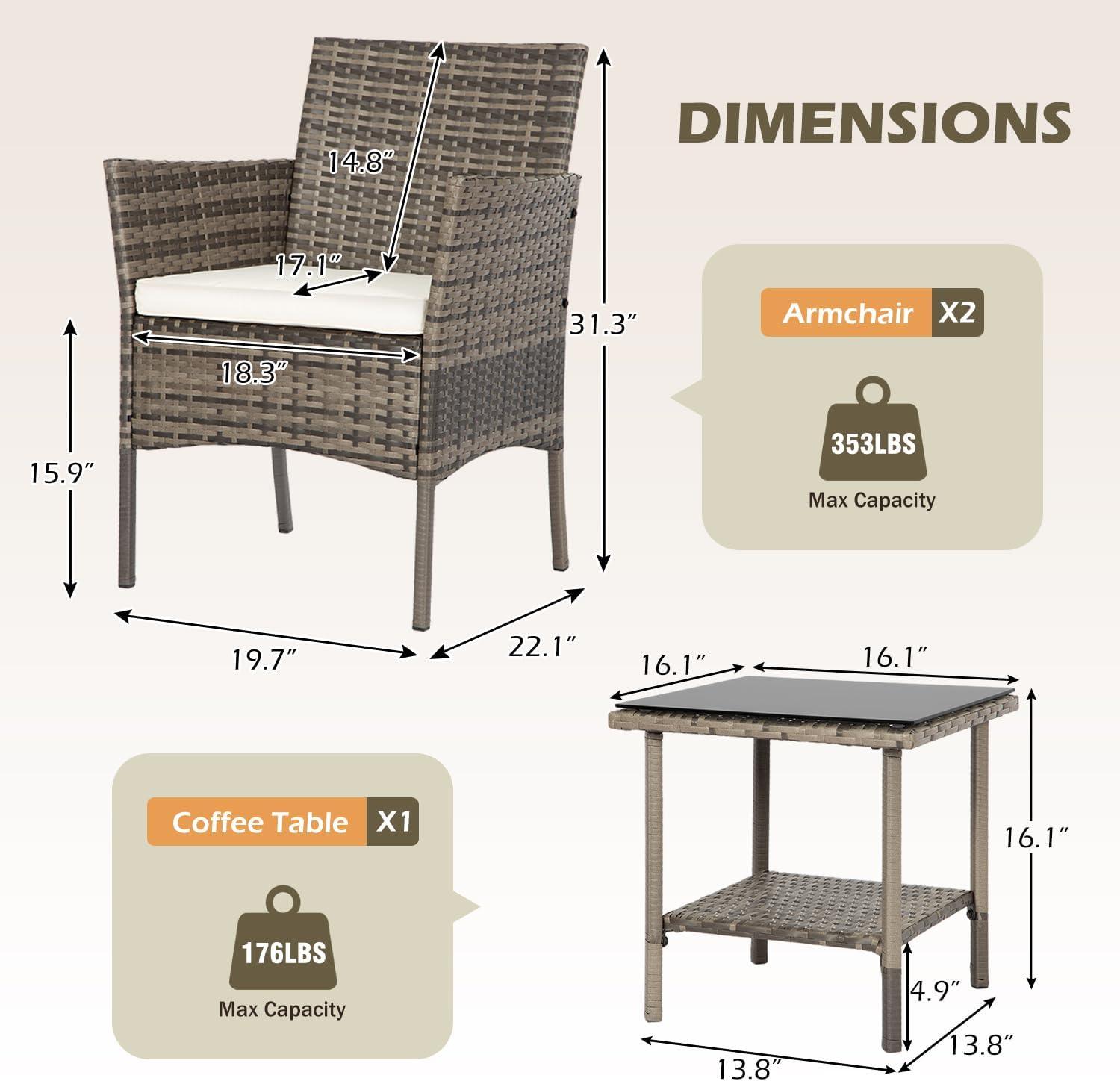 image:imageFDW Wicker Outdoor Furniture Patio Furniture Set of 3 Rattan Patio Chairs Outdoor Chairs Patio Conversation Set with Coffee Table for Yard Backyard Lawn Porch Poolside BalconyBlackGray and Khaki