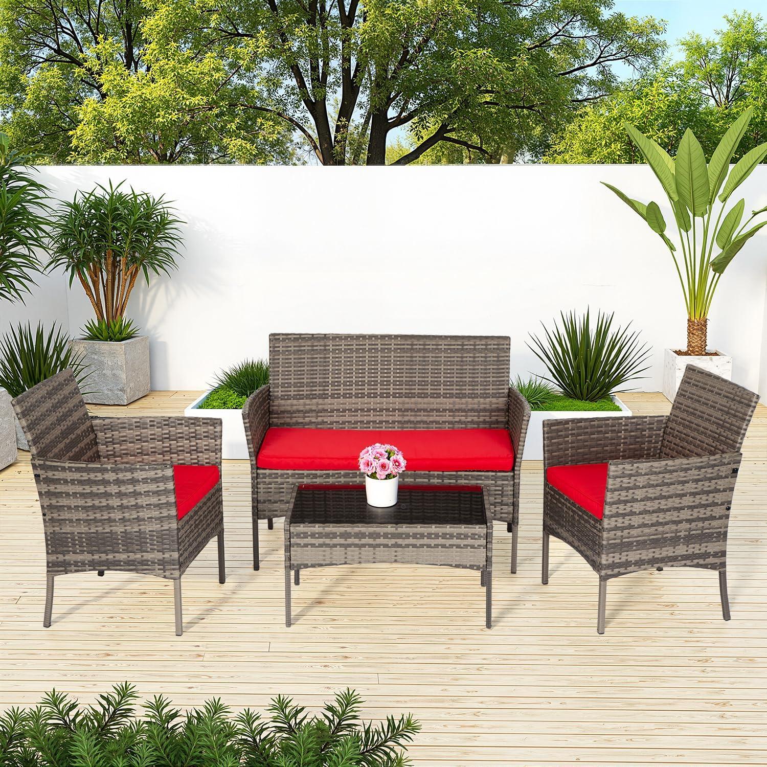image:imageFDW Wicker Outdoor Furniture Patio Furniture Set of 3 Rattan Patio Chairs Outdoor Chairs Patio Conversation Set with Coffee Table for Yard Backyard Lawn Porch Poolside BalconyBlackGray and Red