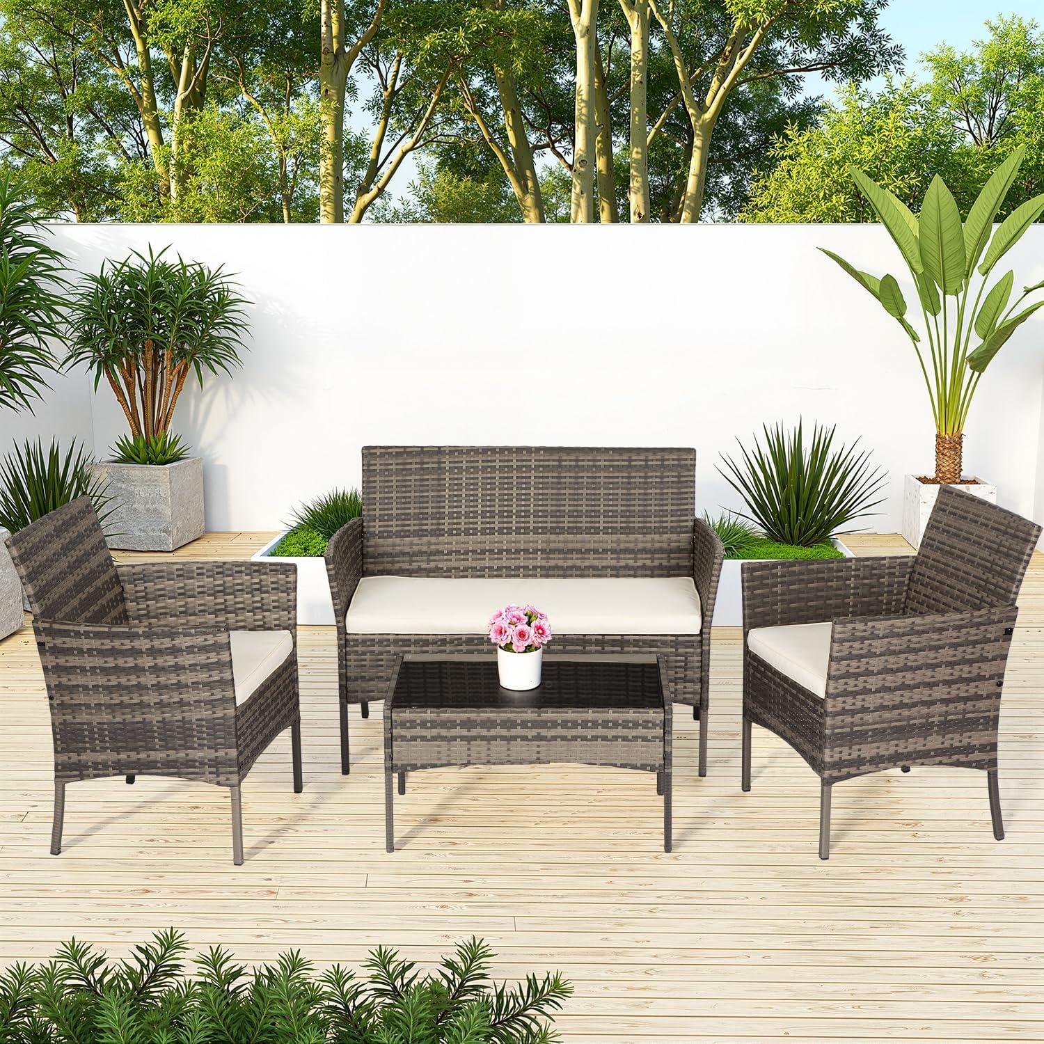 image:imageFDW Wicker Outdoor Furniture Patio Furniture Set of 3 Rattan Patio Chairs Outdoor Chairs Patio Conversation Set with Coffee Table for Yard Backyard Lawn Porch Poolside BalconyBlackGray and Khaki